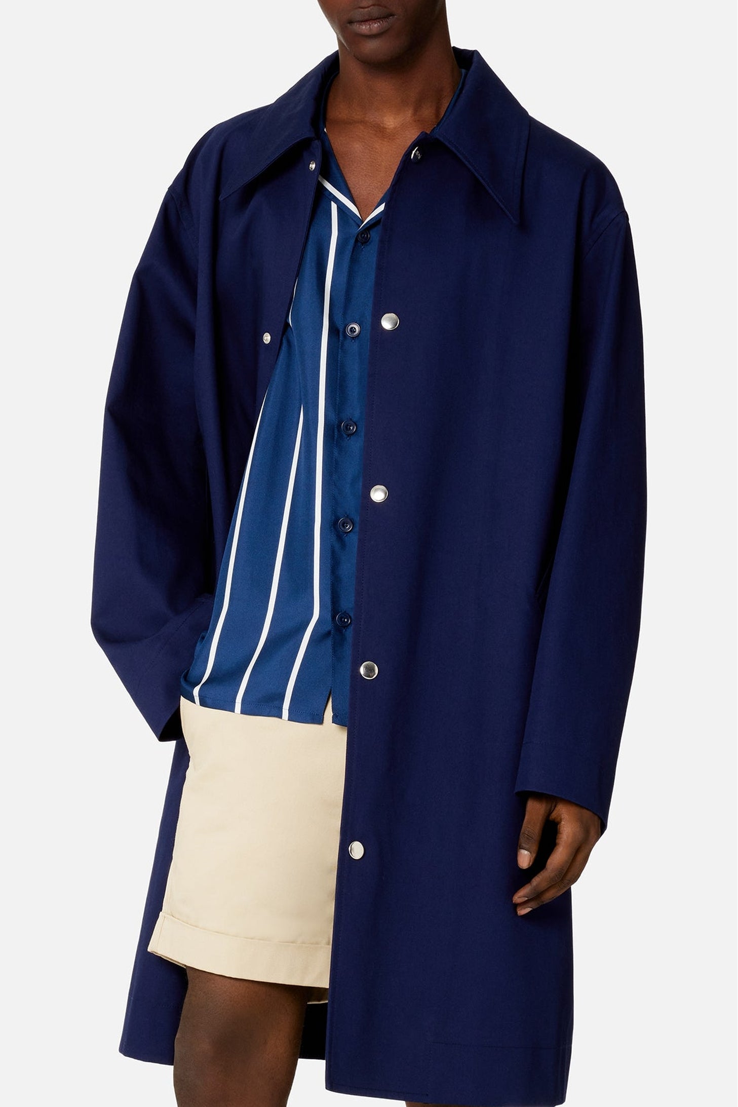 Chemise à manches courtes et col requin en soie - Nautic Blue & Natural White