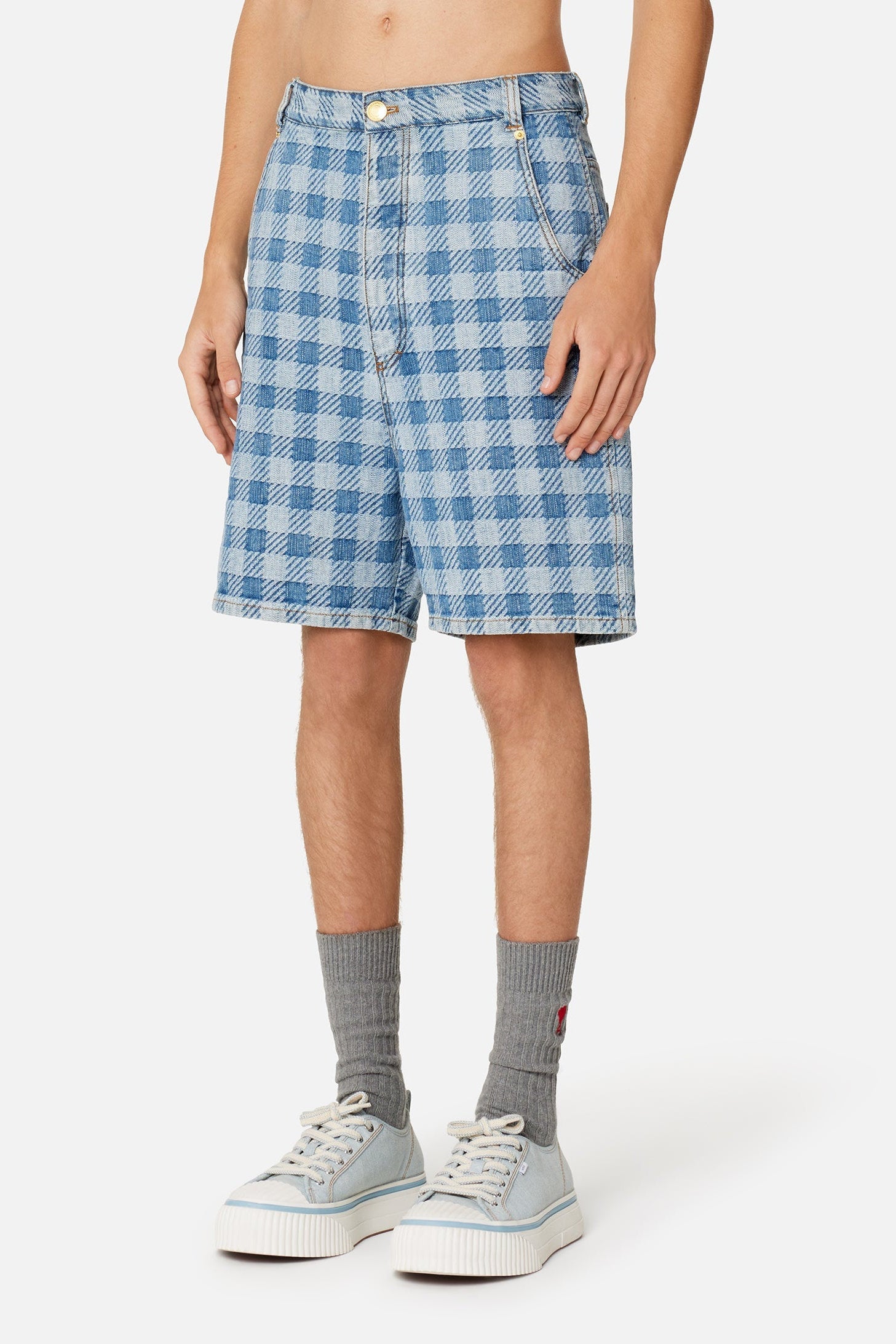 Bermuda Alex à motif vichy en denim - Bleached Blue