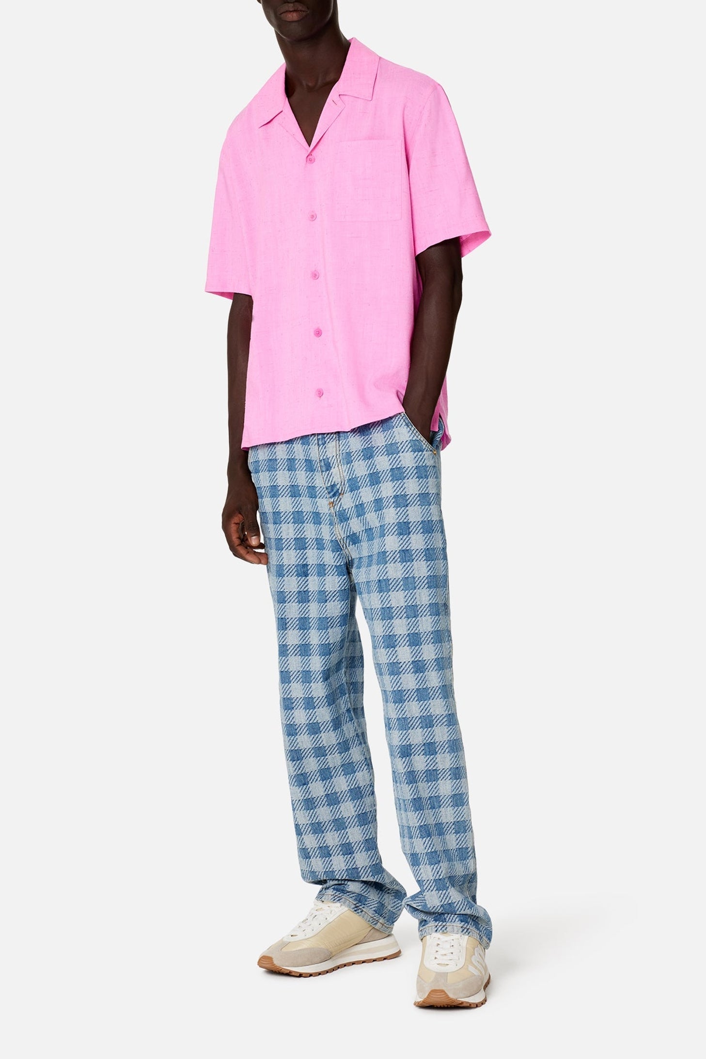 Pantalon Alex à motif vichy en denim - Bleached Blue