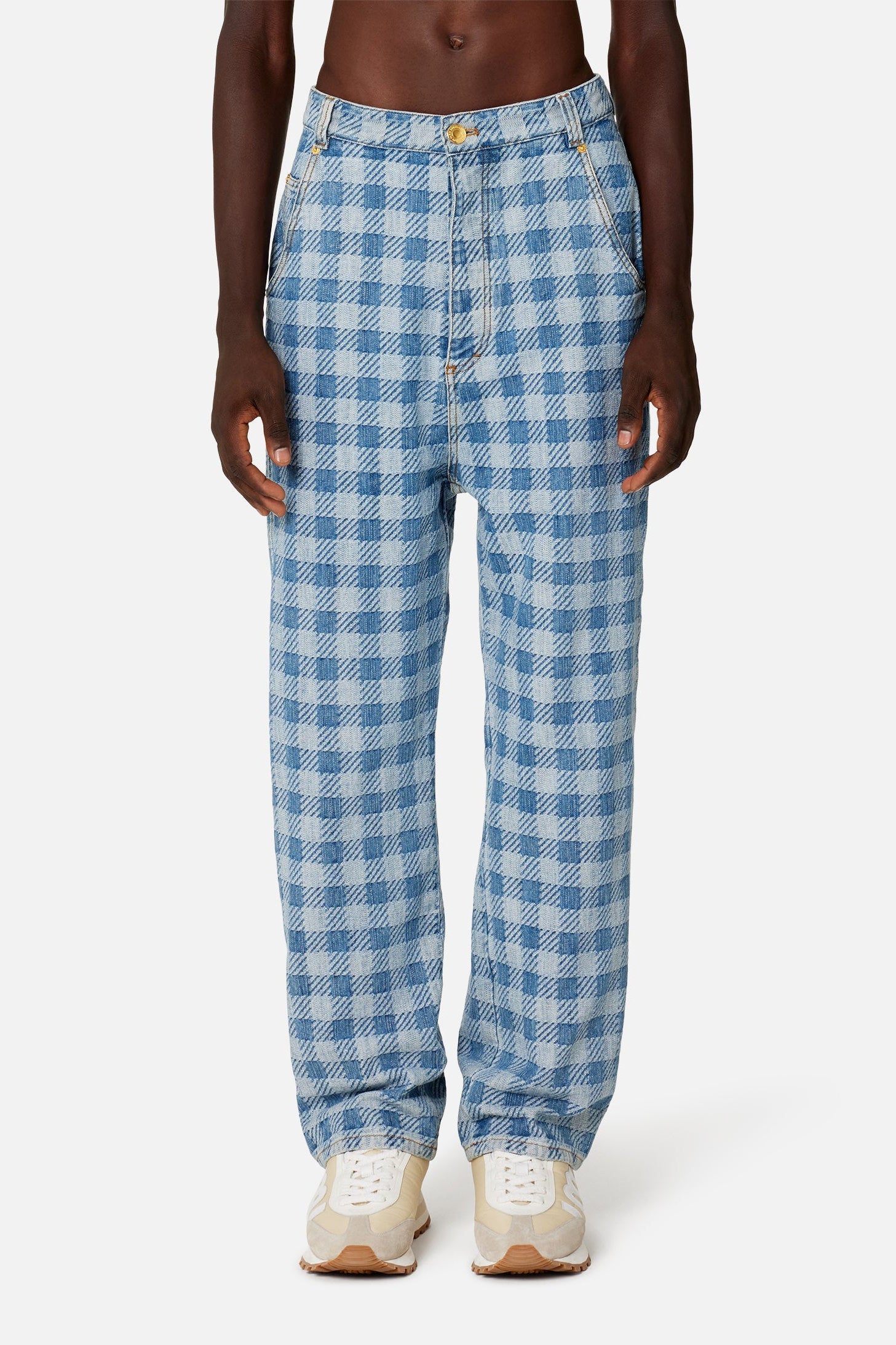 Pantalon Alex à motif vichy en denim - Bleached Blue