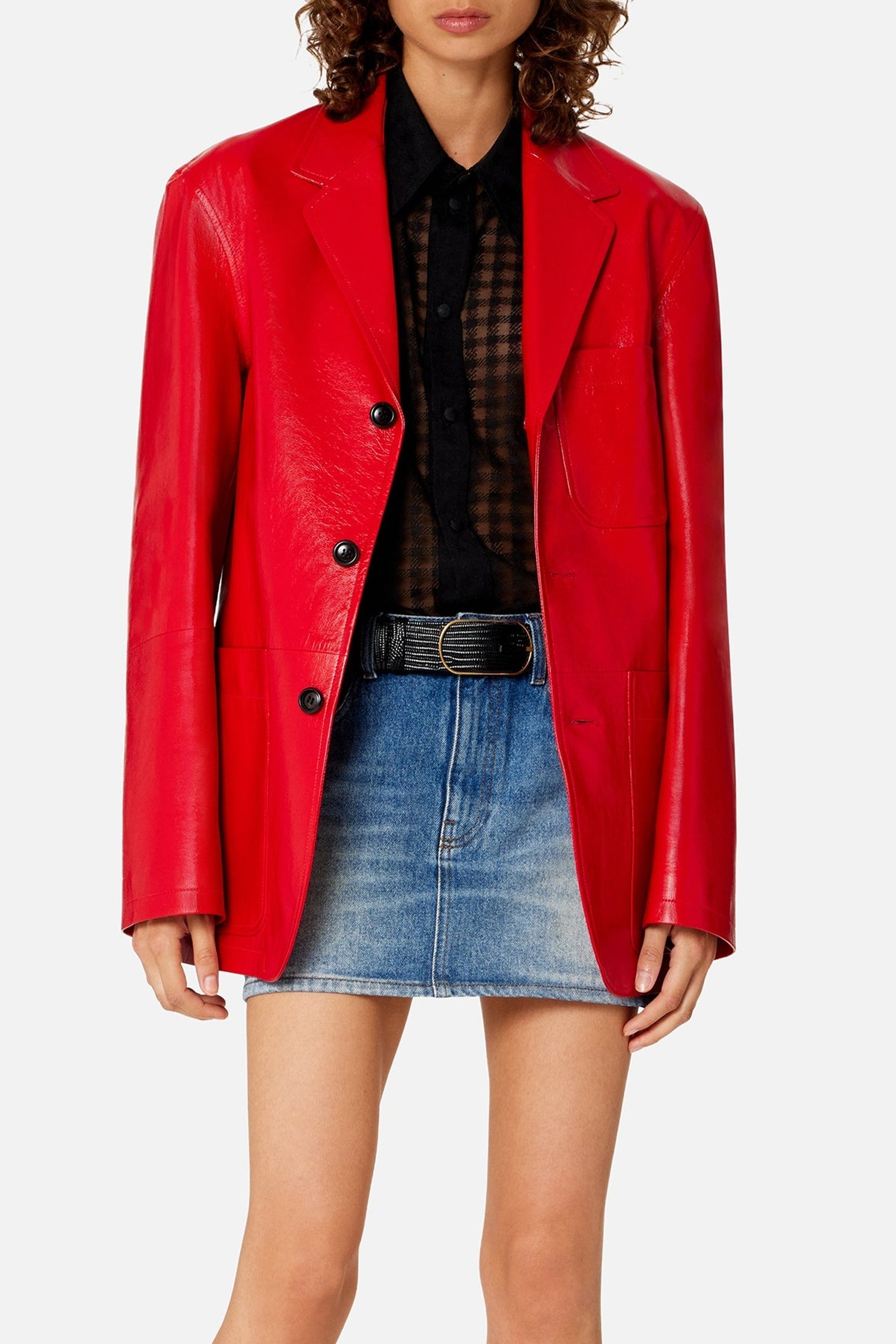 Blazer boutonné à poches plaquées en cuir - Scarlet Red