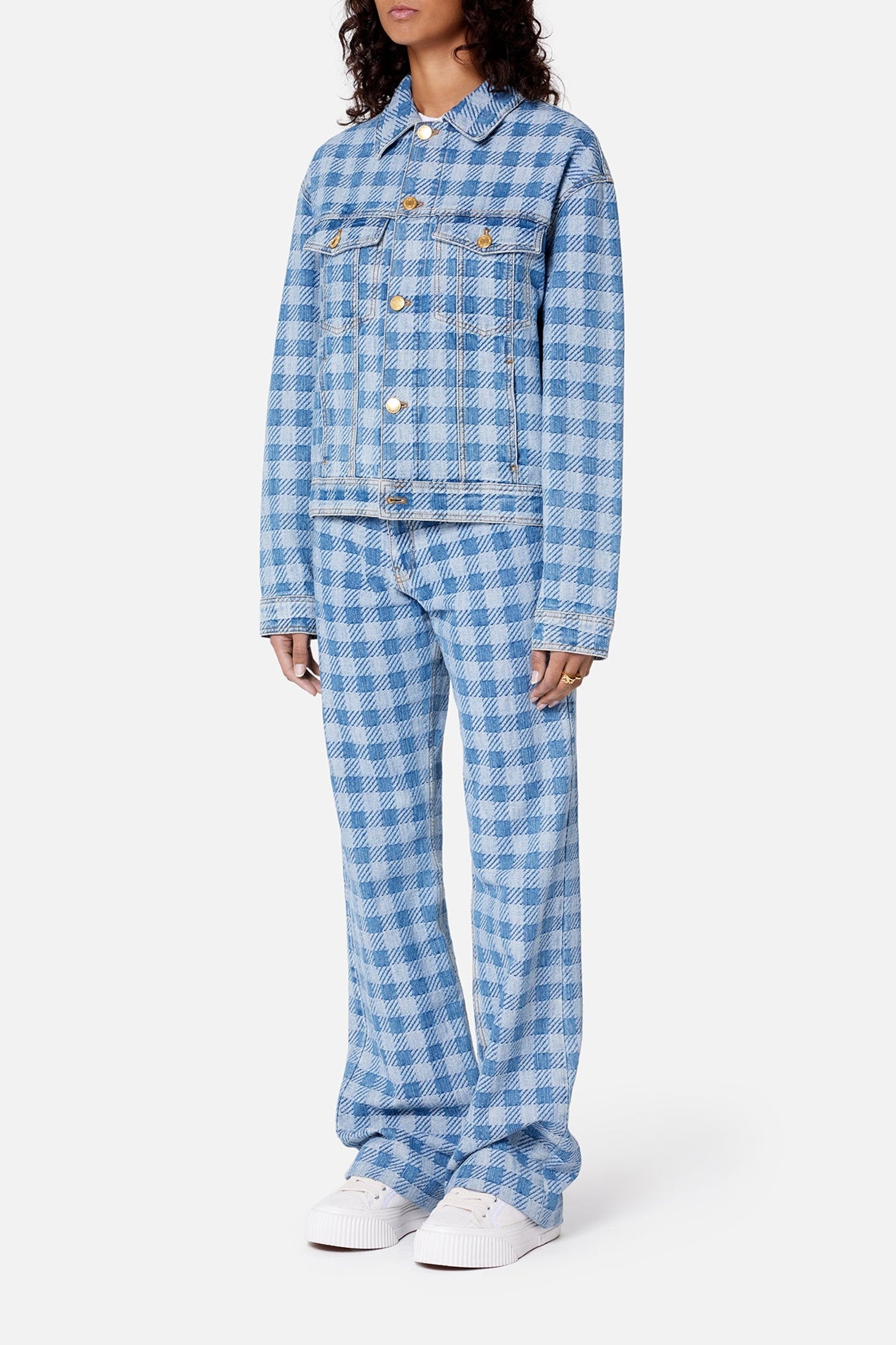 Veste à motif vichy et poches en denim - Bleached Blue