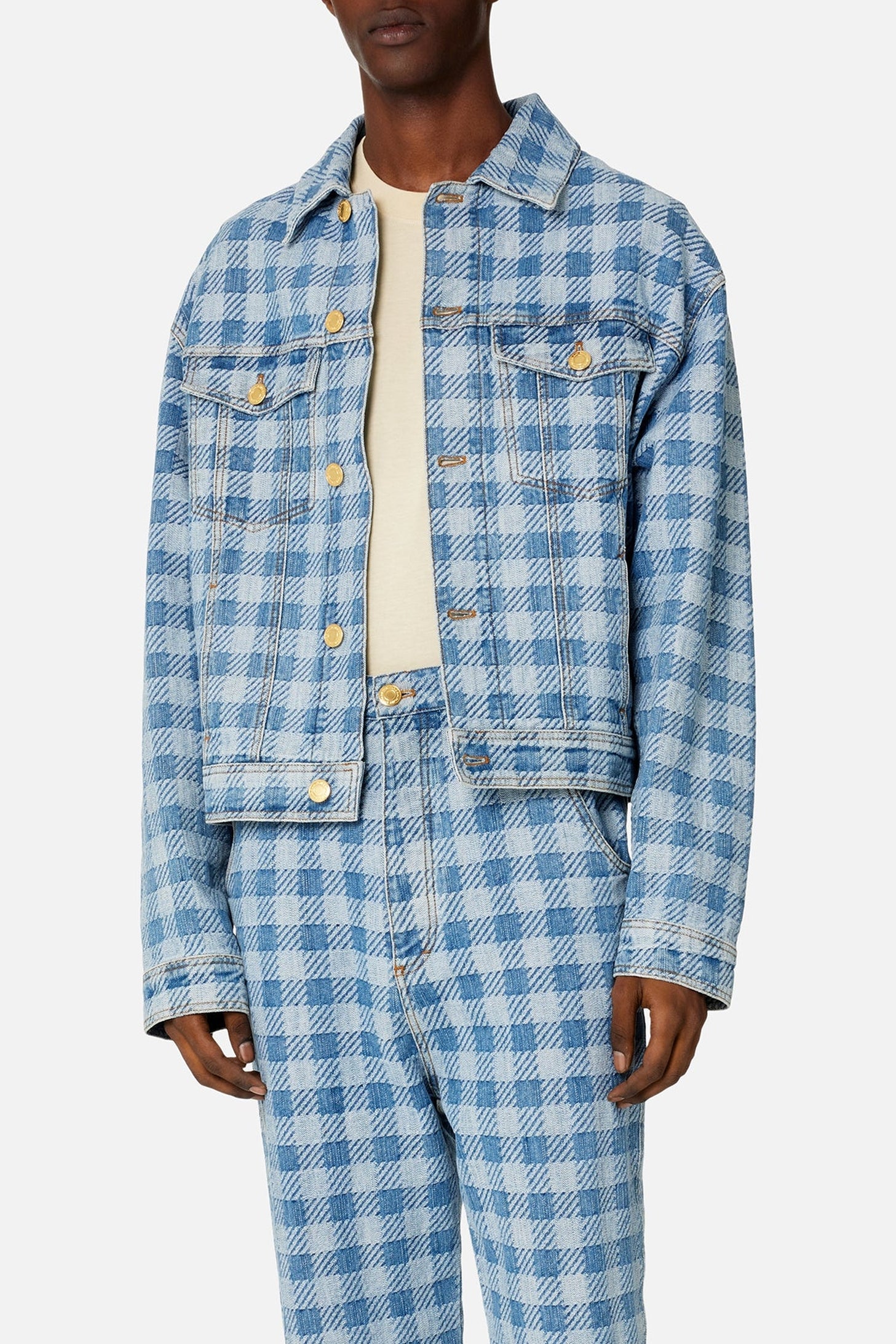 Veste à motif vichy et poches en denim - Bleached Blue