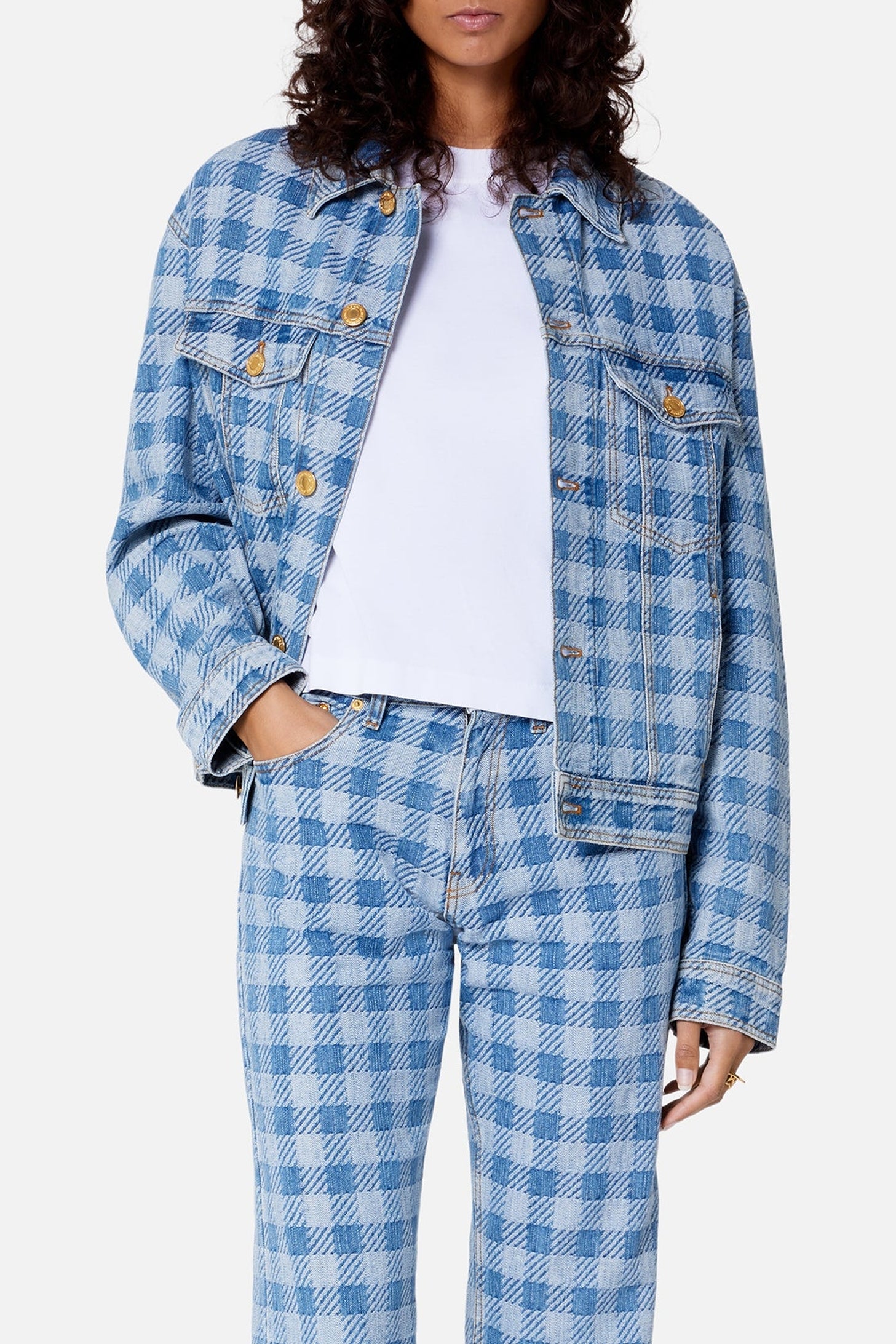 Veste à motif vichy et poches en denim - Bleached Blue