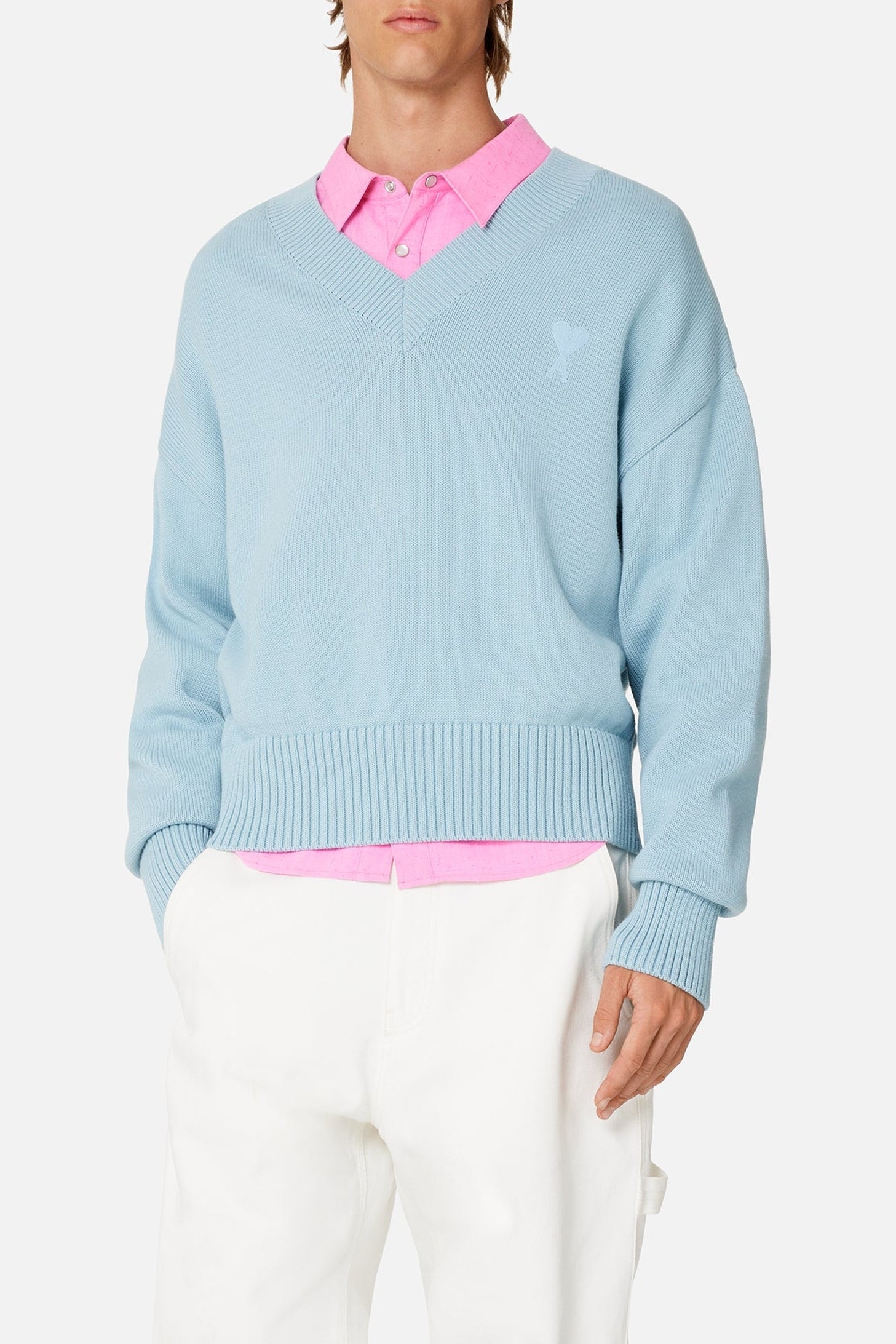Pull Ami de Cœur à col V en maille - Sky Blue