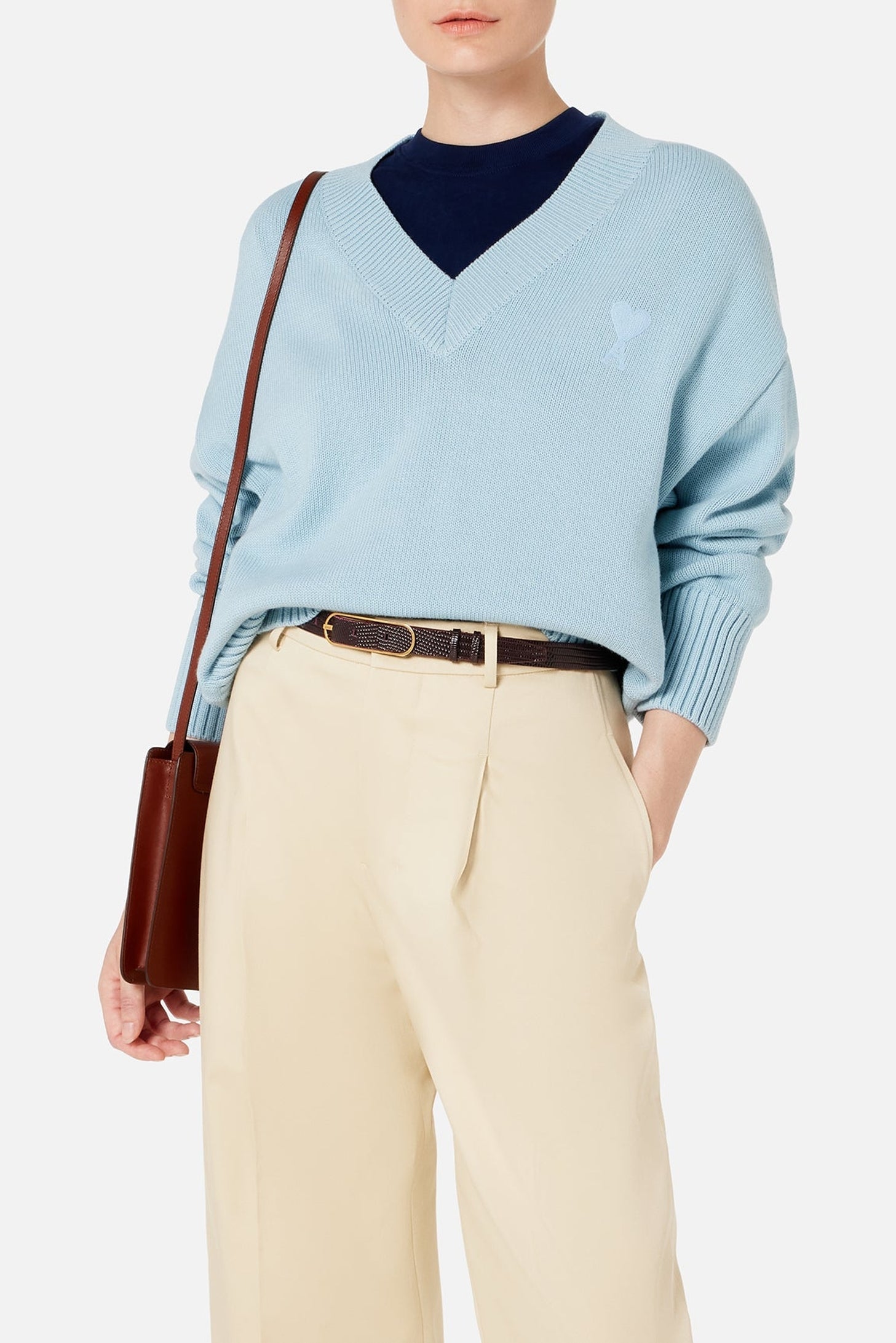 Pull Ami de Cœur à col V en maille - Sky Blue