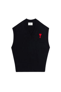 Pull Ami de Cœur sans manches à col V en maille - Black & Red