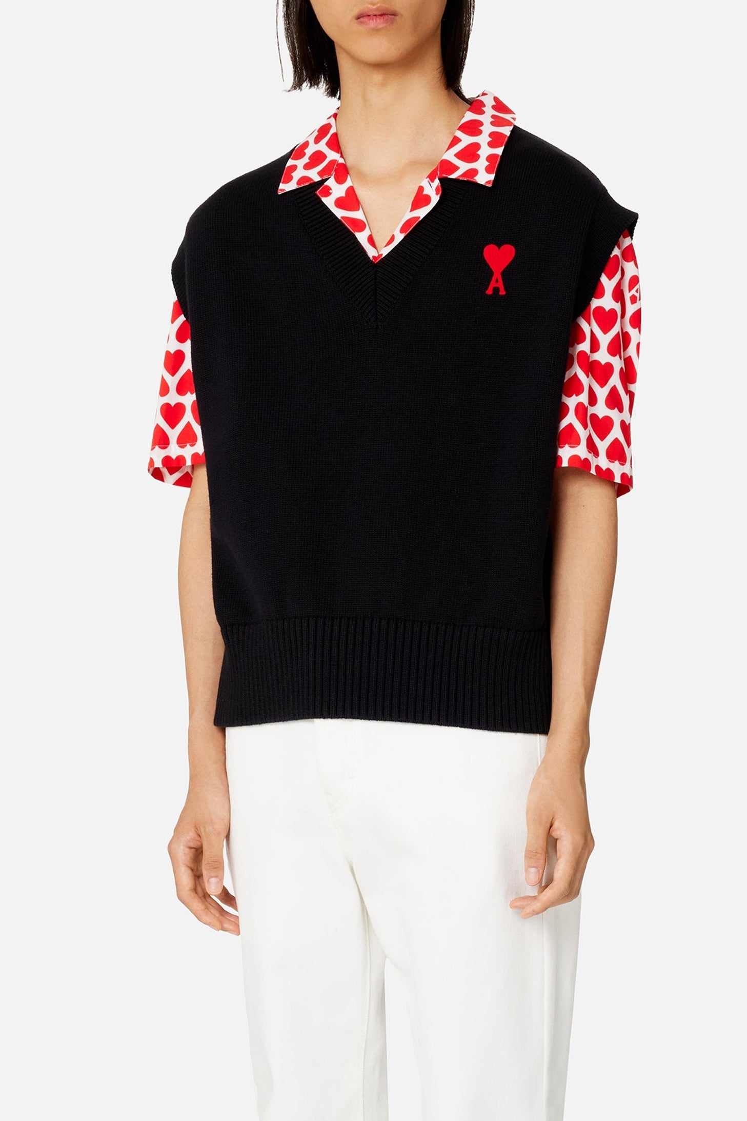 Pull Ami de Cœur sans manches à col V en maille - Black & Red