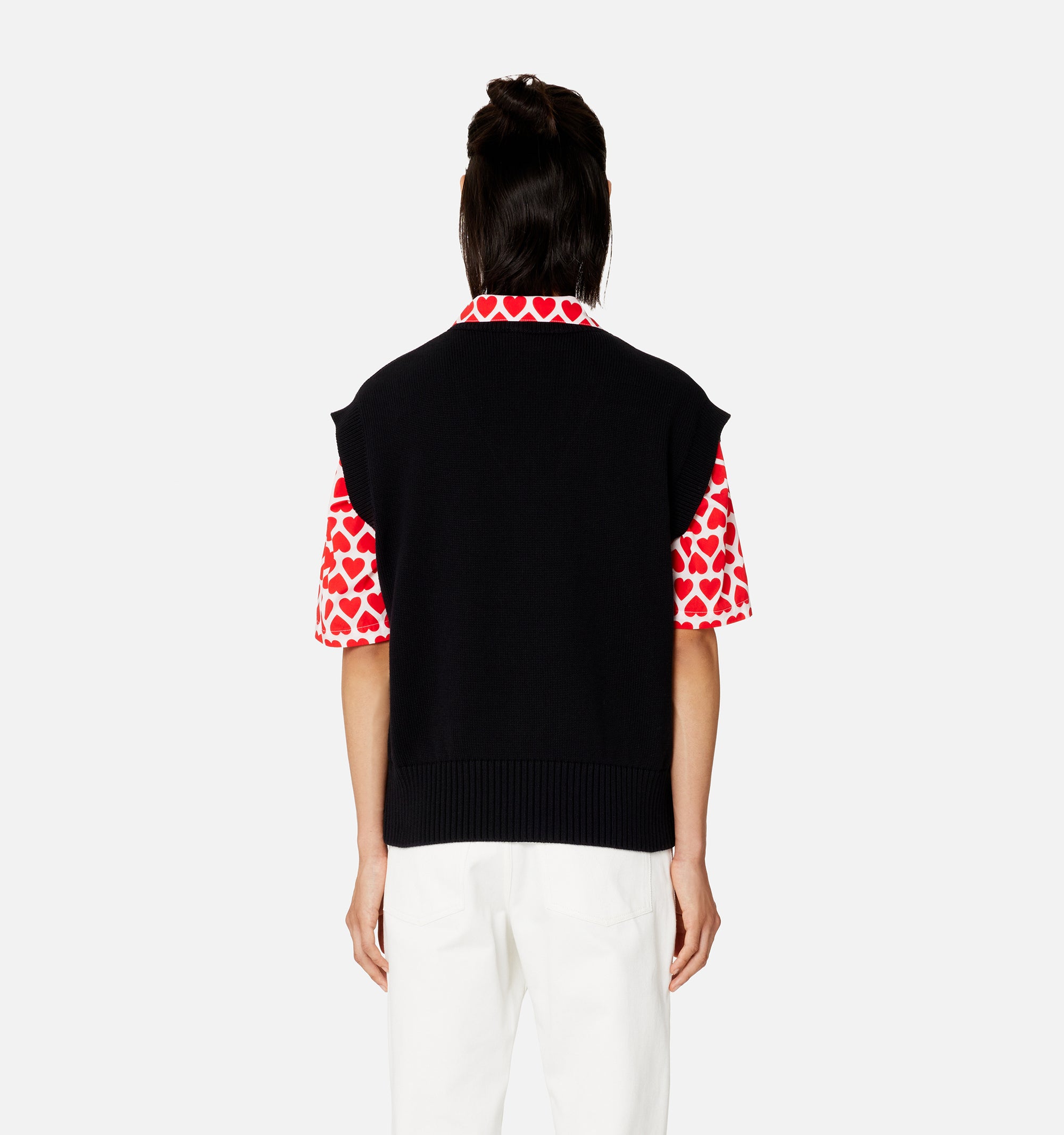 Pull Ami de Cœur sans manches à col V en maille - Black & Red