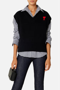 Pull Ami de Cœur sans manches à col V en maille - Black & Red