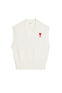 Pull Ami de Cœur sans manches à col V en maille - Natural White & Red