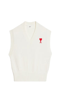 Pull Ami de Cœur sans manches à col V en maille - Natural White & Red