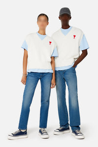 Pull Ami de Cœur sans manches à col V en maille - Natural White & Red