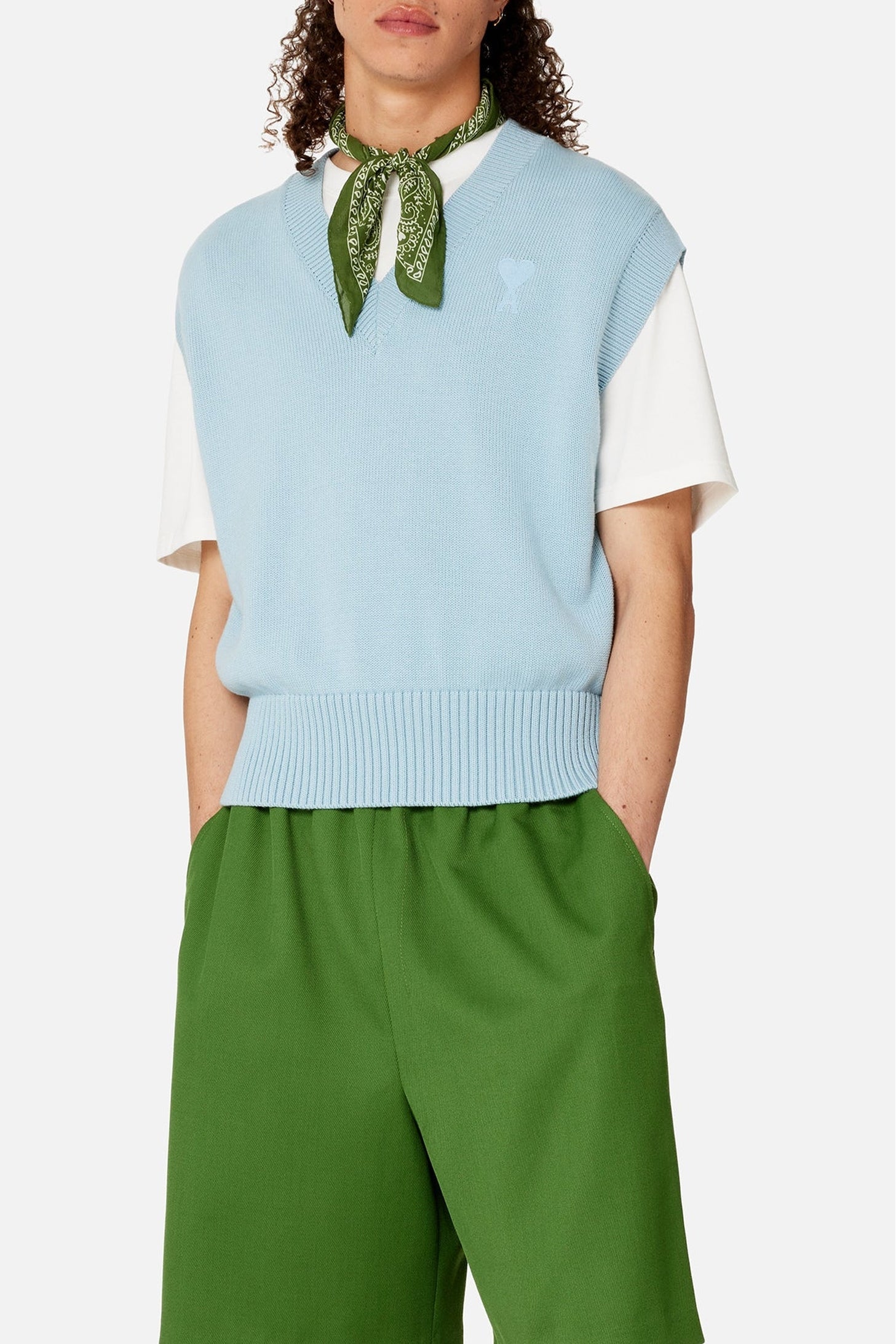 Pull Ami de Cœur sans manches à col V en maille - Sky Blue