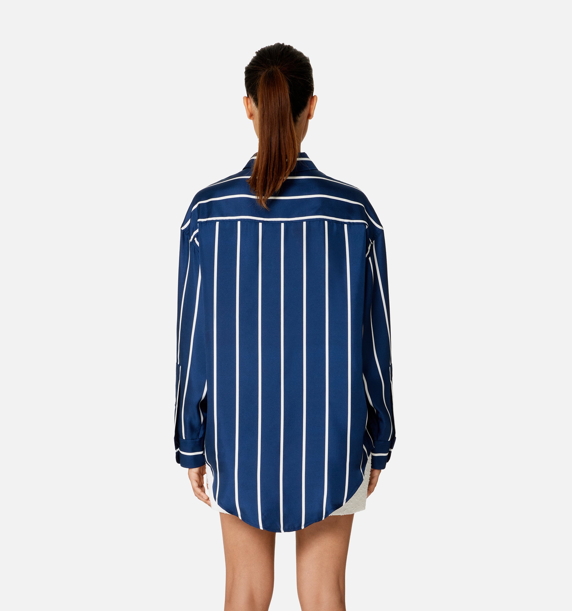 Chemise boxy à poche en soie - Nautic Blue & Natural White