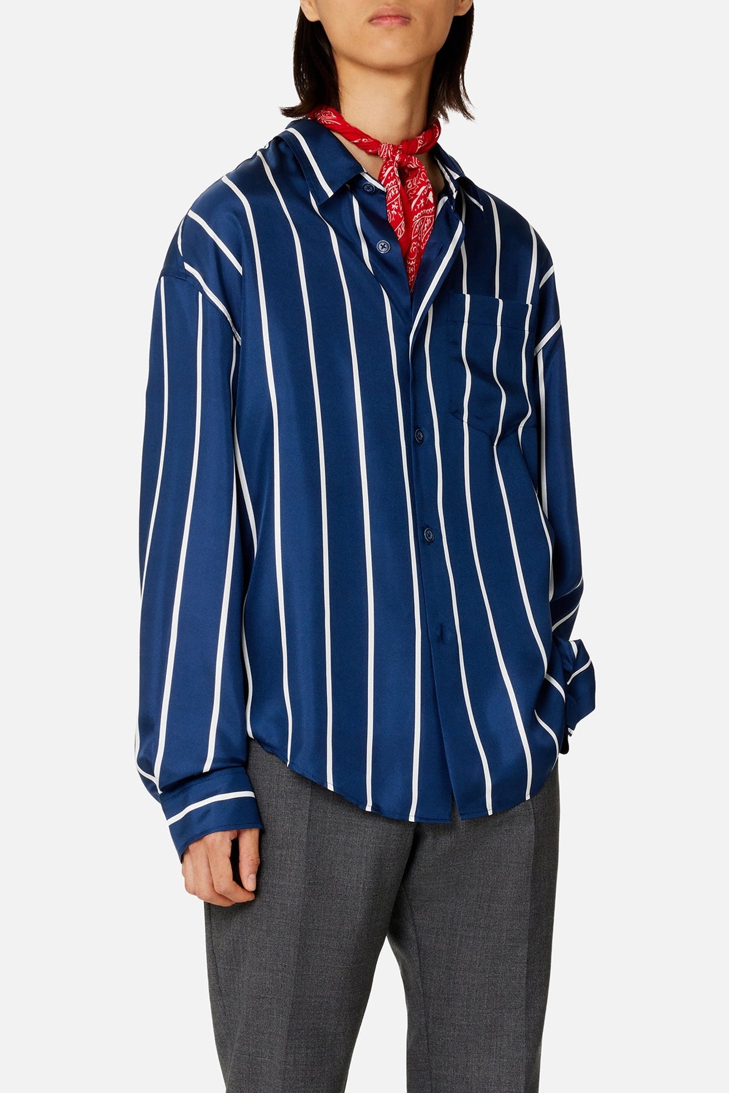 Chemise boxy à poche en soie - Nautic Blue & Natural White