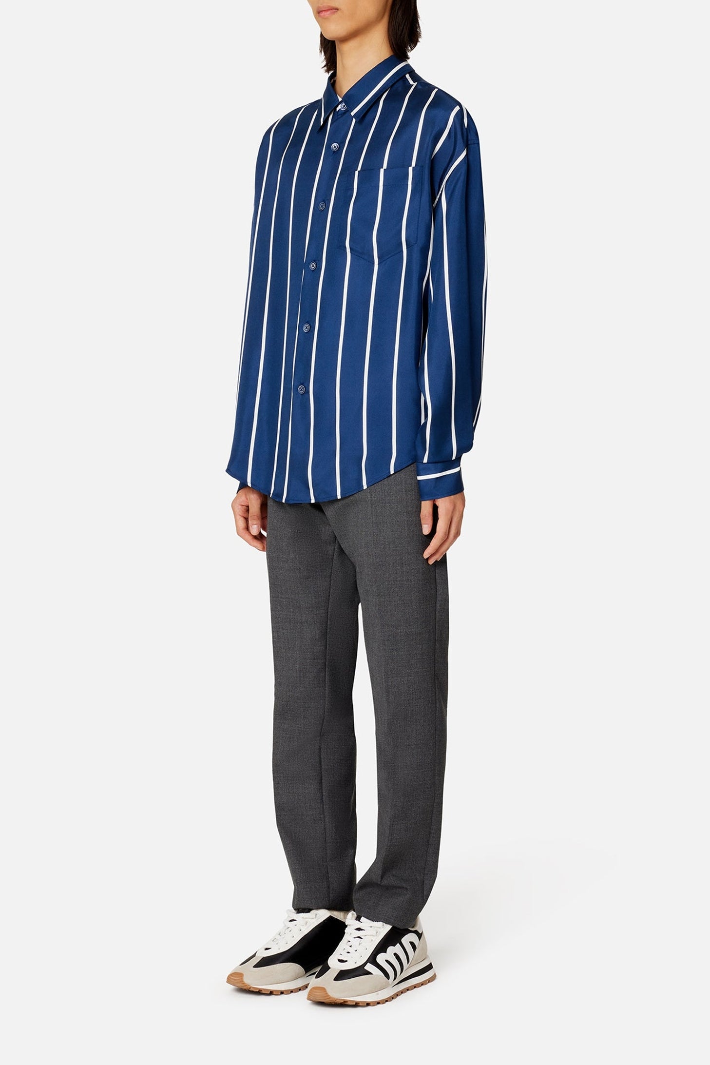 Chemise boxy à poche en soie - Nautic Blue & Natural White