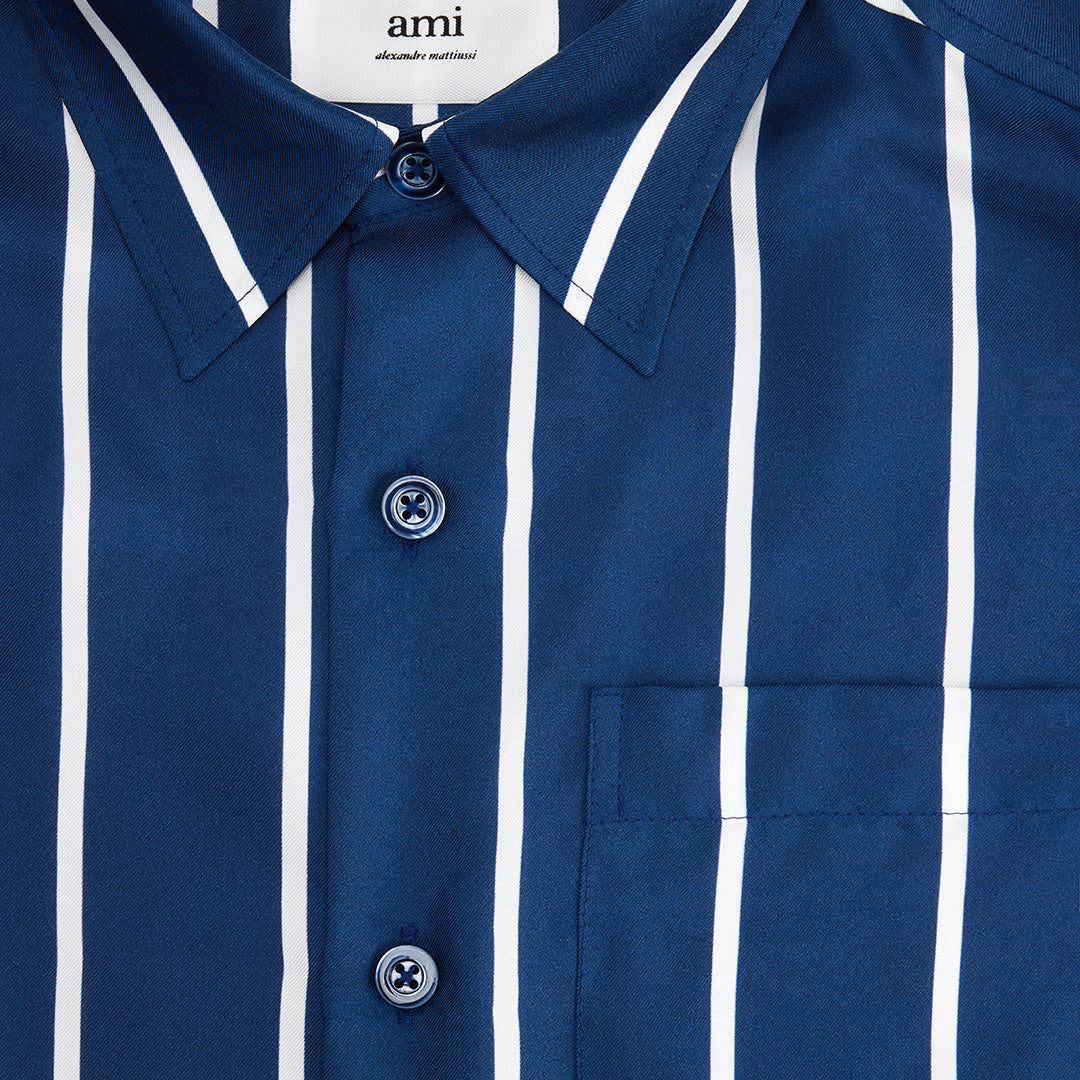 Chemise boxy à poche en soie - Nautic Blue & Natural White
