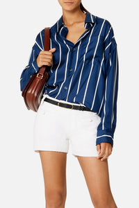 Chemise boxy à poche en soie - Nautic Blue & Natural White