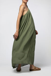 Robe Ramiza asymetrique details cuir - Amande