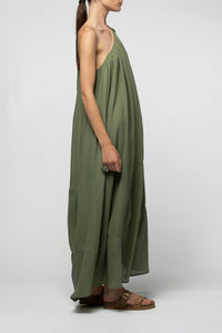 Robe Ramiza asymetrique details cuir - Amande