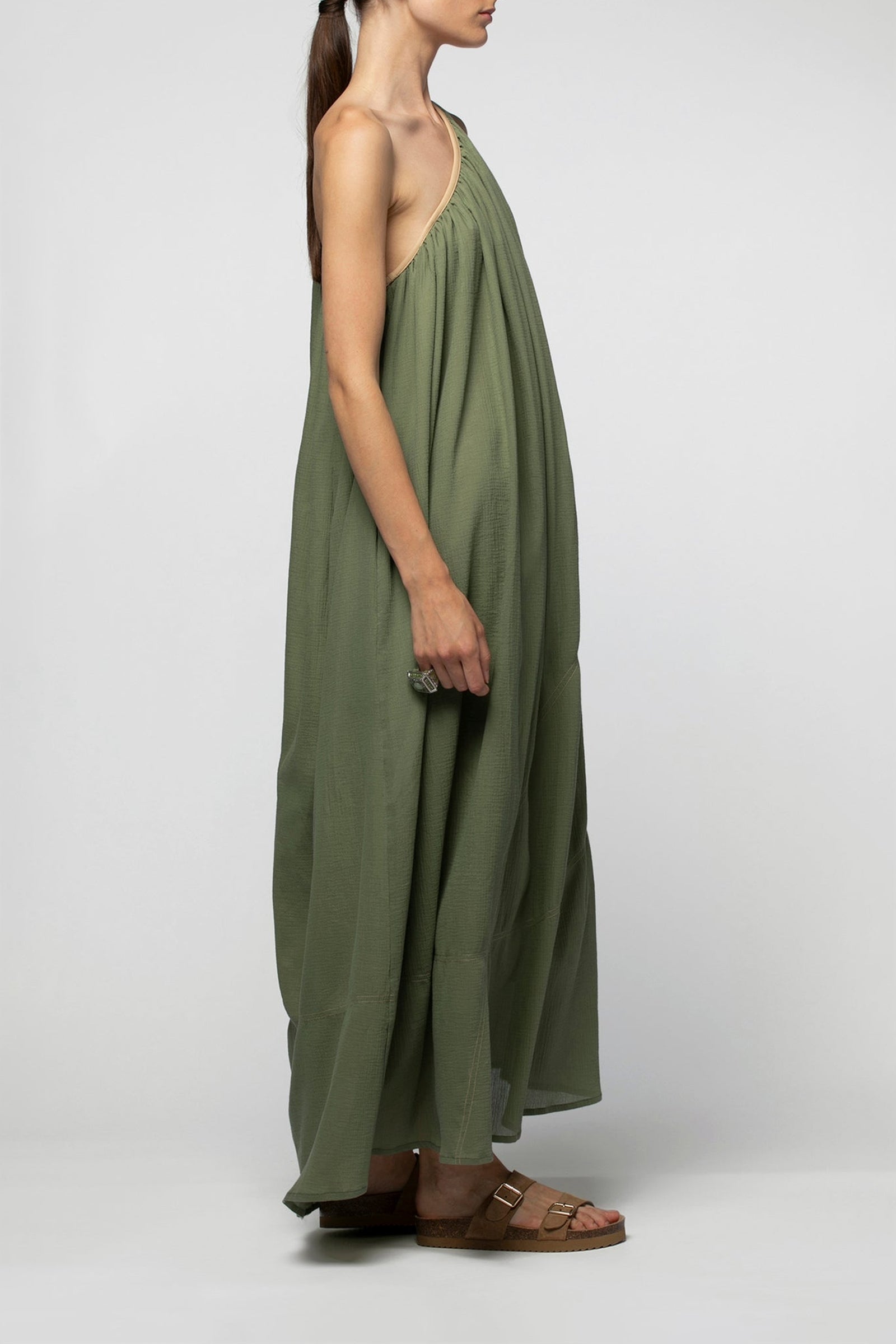 Robe Ramiza asymetrique details cuir - Amande