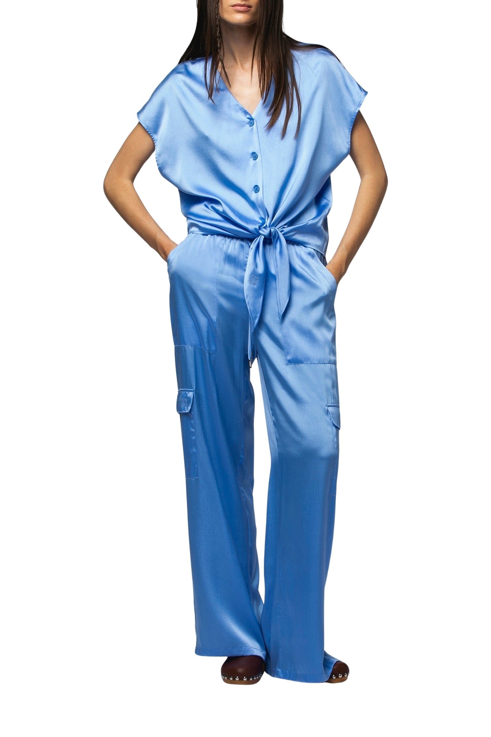 Top Telya noue en soie - Ciel