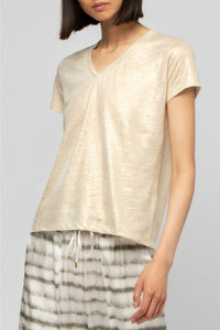 Tokyo V-neck T-shirt in iridescent linen twill - Beige