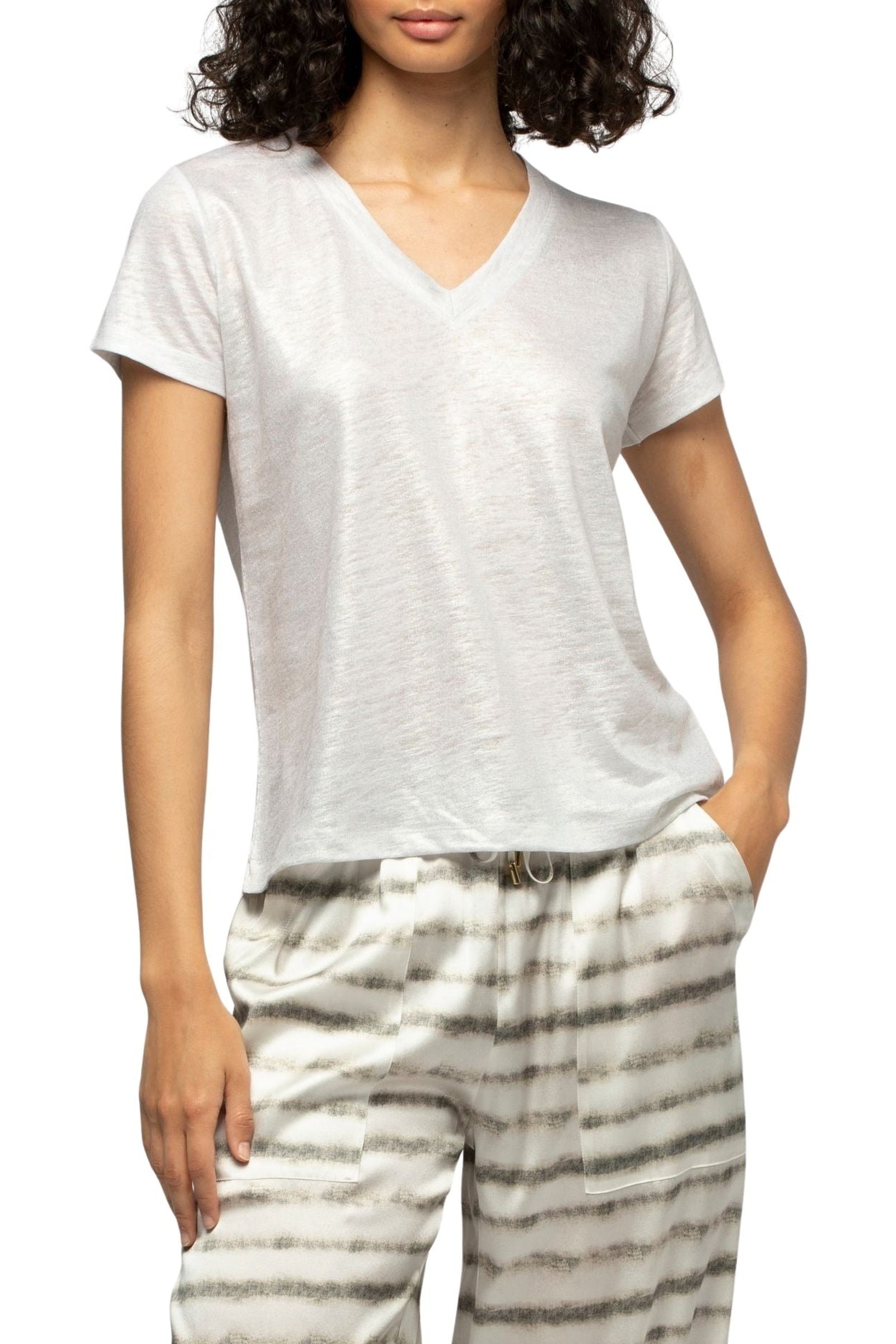 T-shirt Tokyo à col V en sergé de lin irisé - White