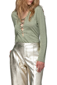 Tyhoa lace top in linen - Almond