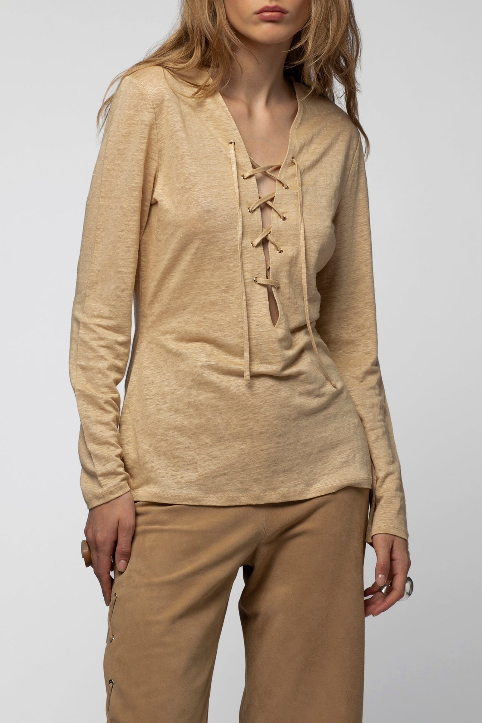 Tyhoa lace top in linen - Dune