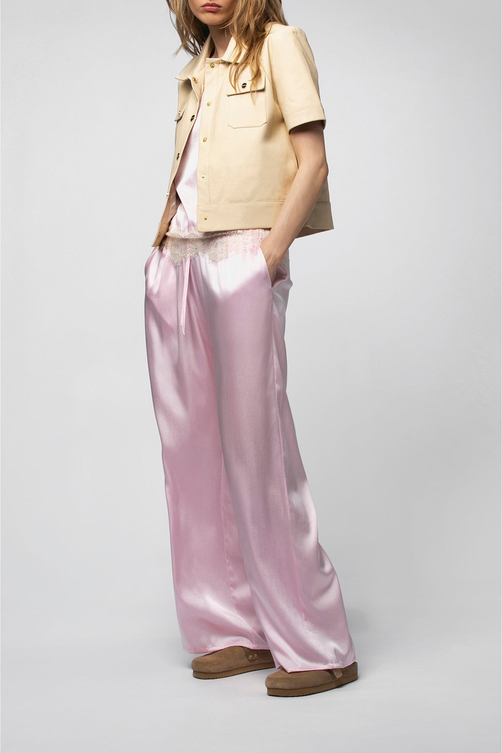 Vanissa short-sleeved leather jacket - Linen