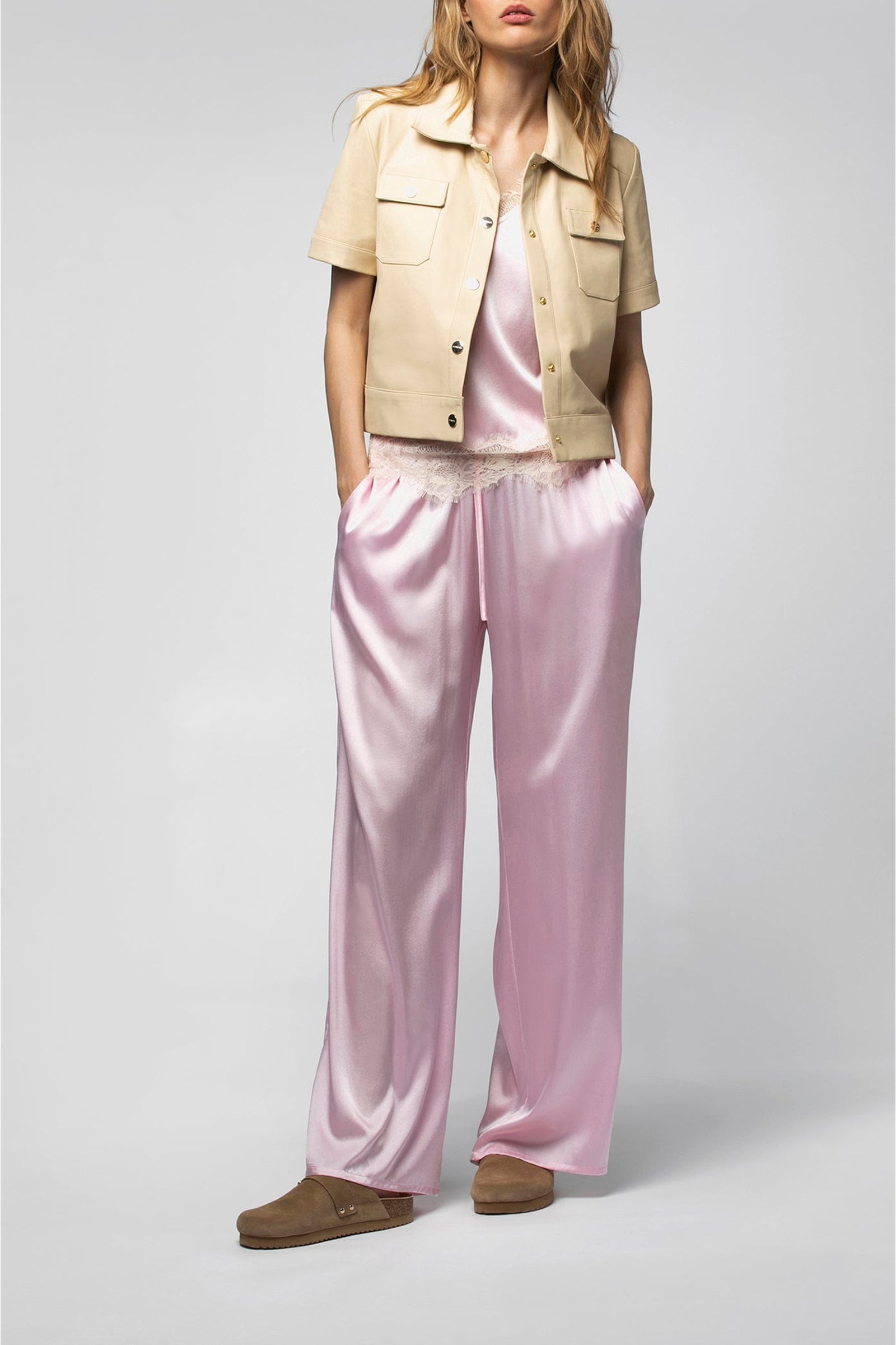 Vanissa short-sleeved leather jacket - Linen