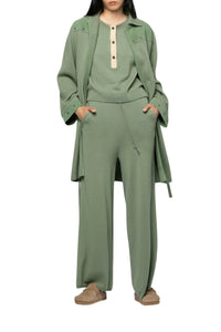 Long Veni cardigan with suede details in wool and cashmere - Almond