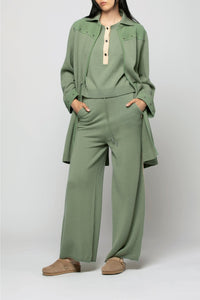 Long Veni cardigan with suede details in wool and cashmere - Almond