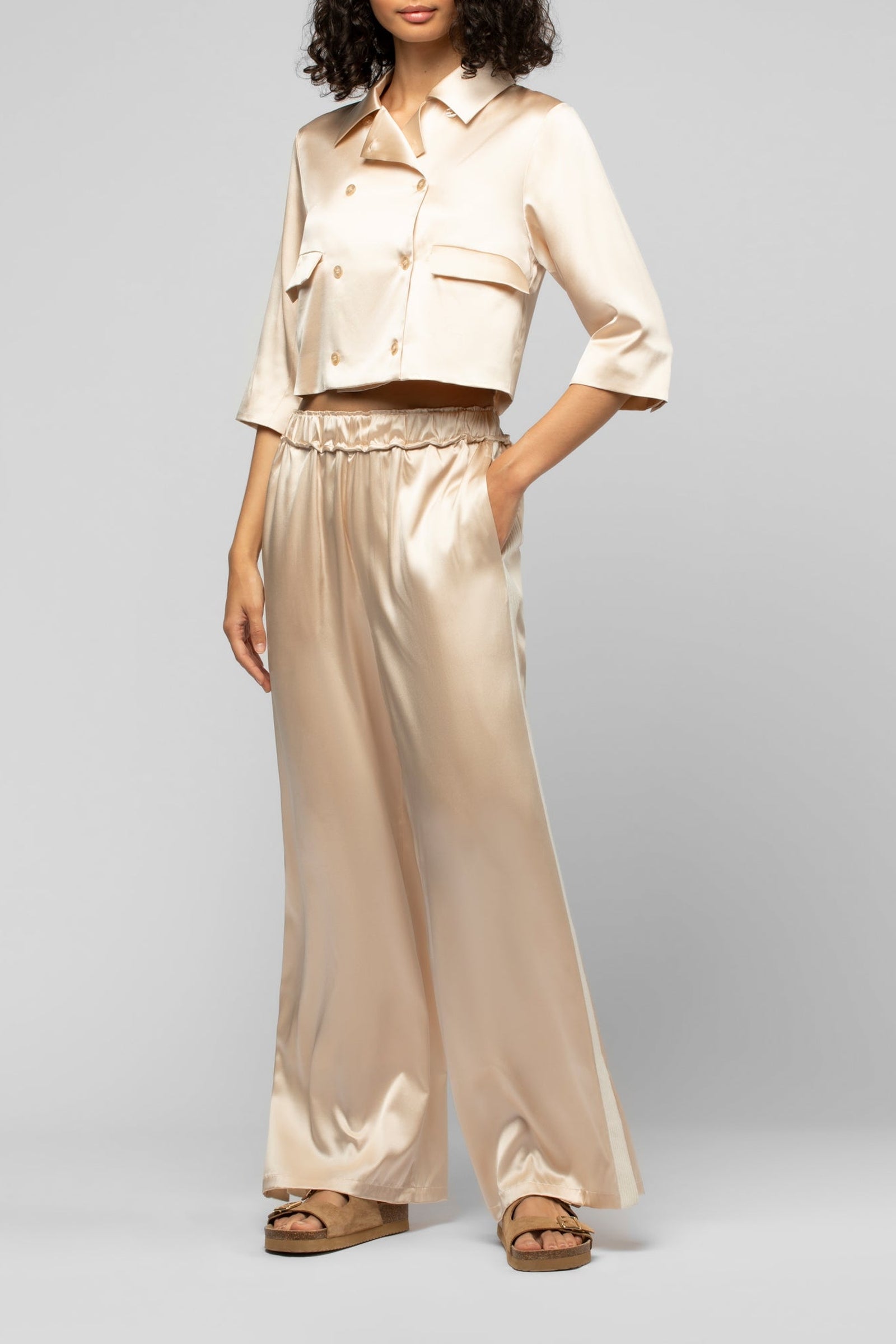 Pantalon Badga en soie et bandes en maille côtelée - Beige