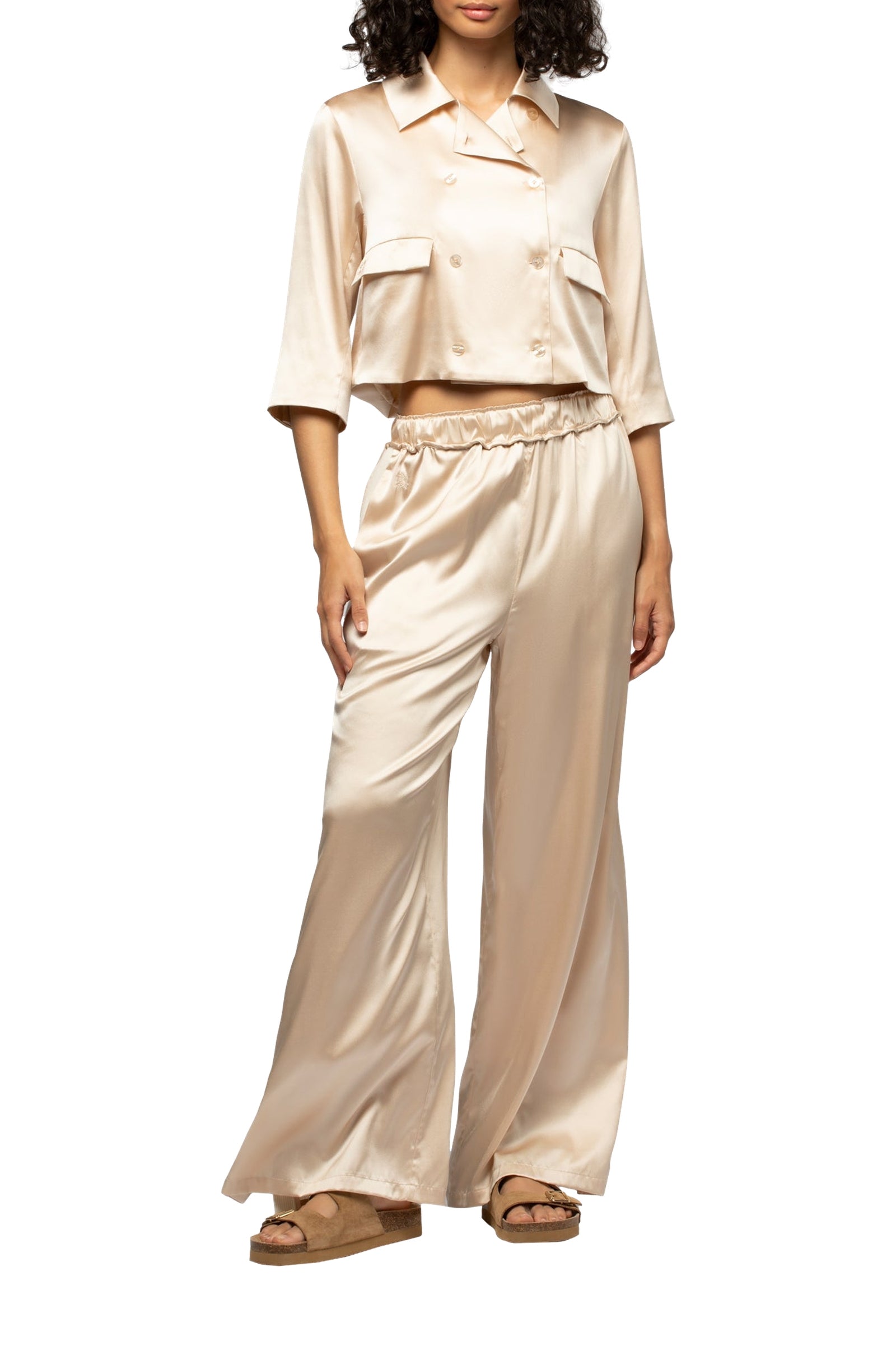 Pantalon Badga en soie et bandes en maille côtelée - Beige