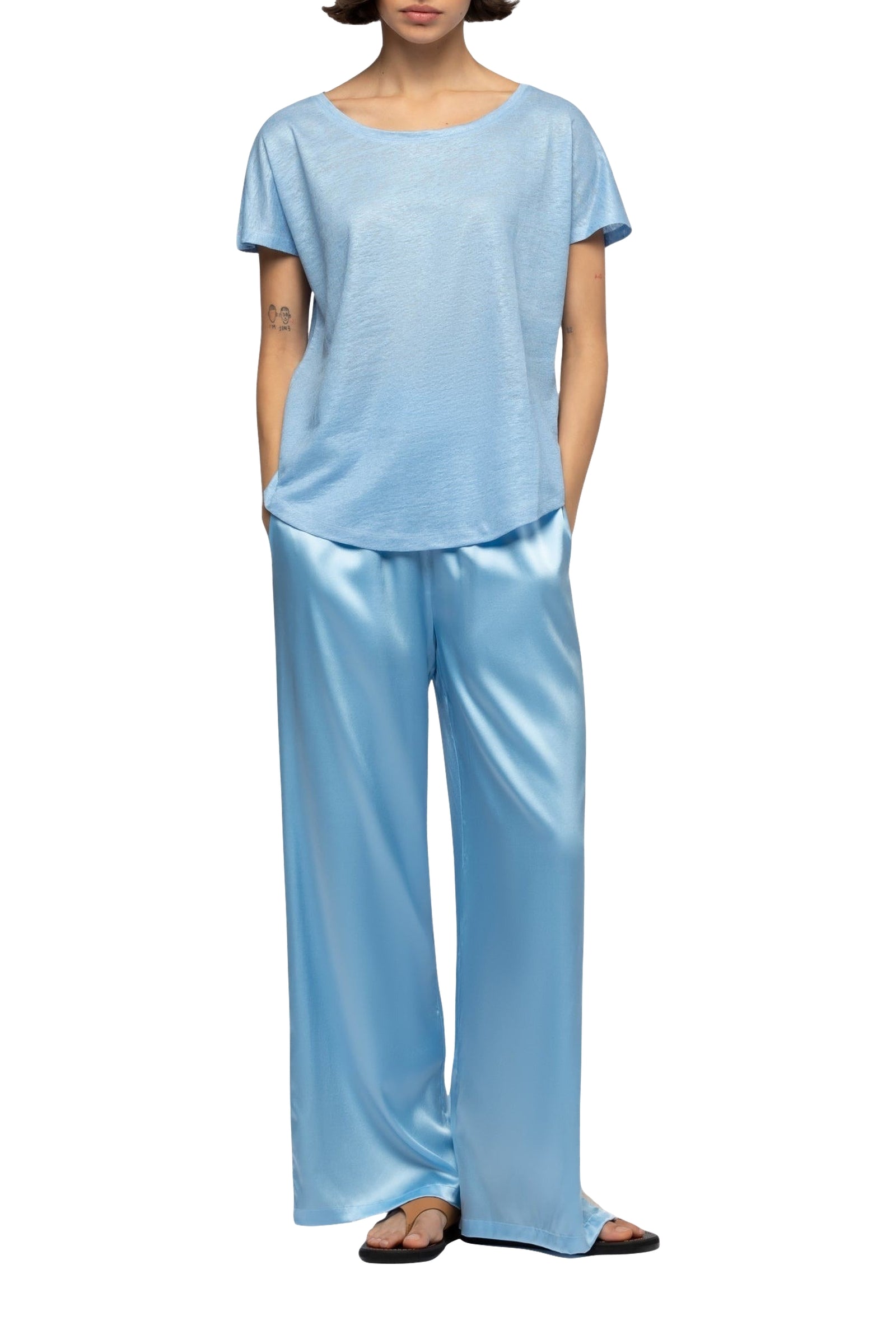 Pantalon Badga en soie et bandes en maille côtelée - Ciel