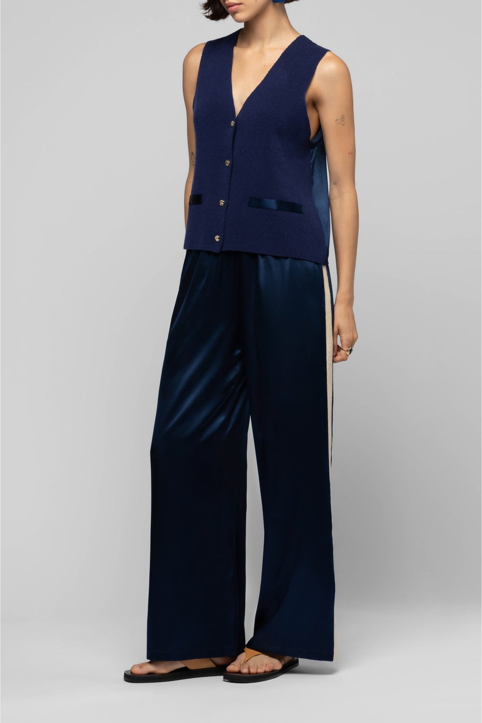 Pantalon Badga en soie et bandes en maille côtelée - Marine