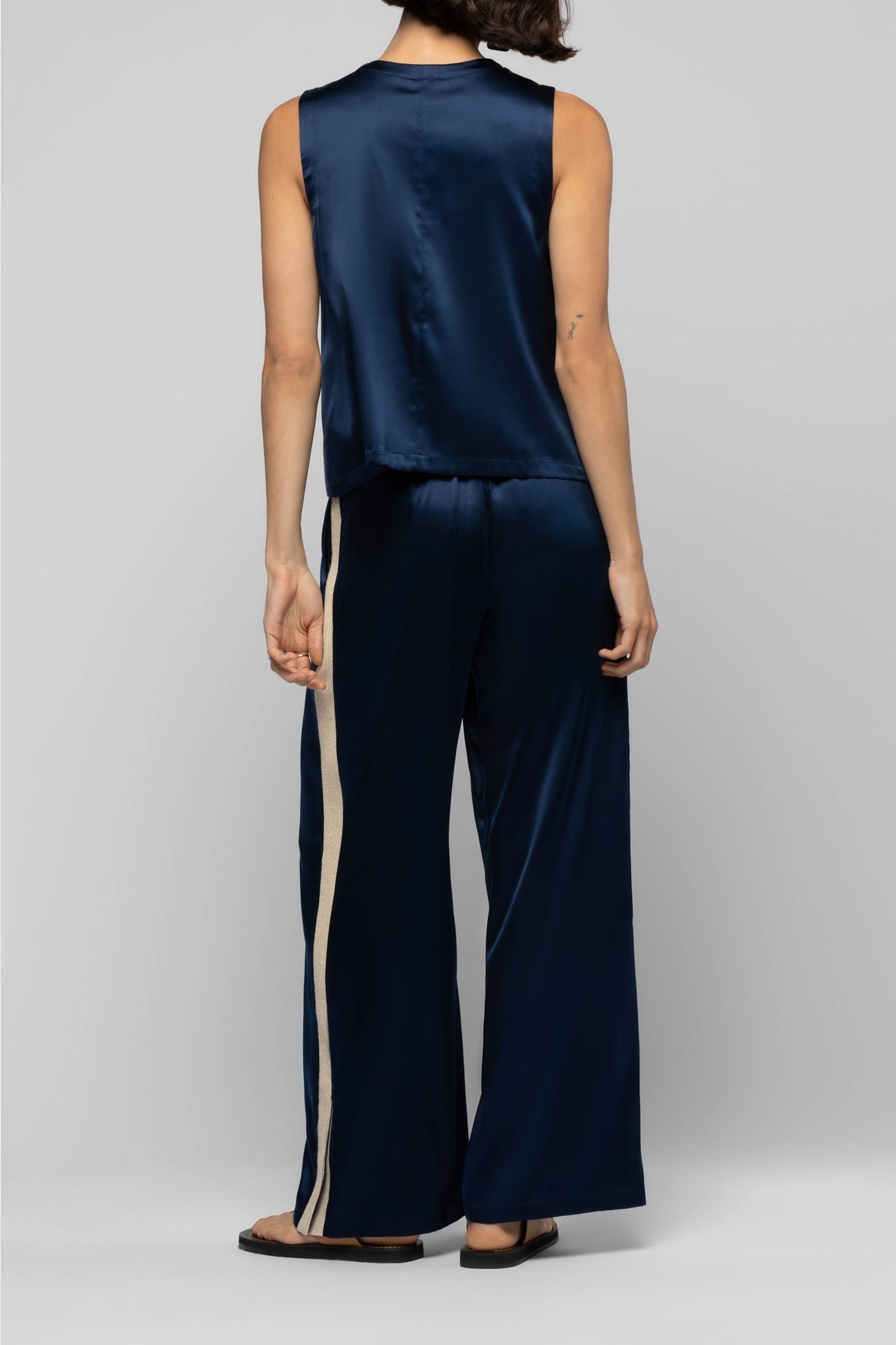 Pantalon Badga en soie et bandes en maille côtelée - Marine