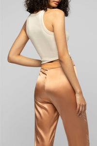 Pantalon Balicia en soie taille haute à détails en cuir - Camel