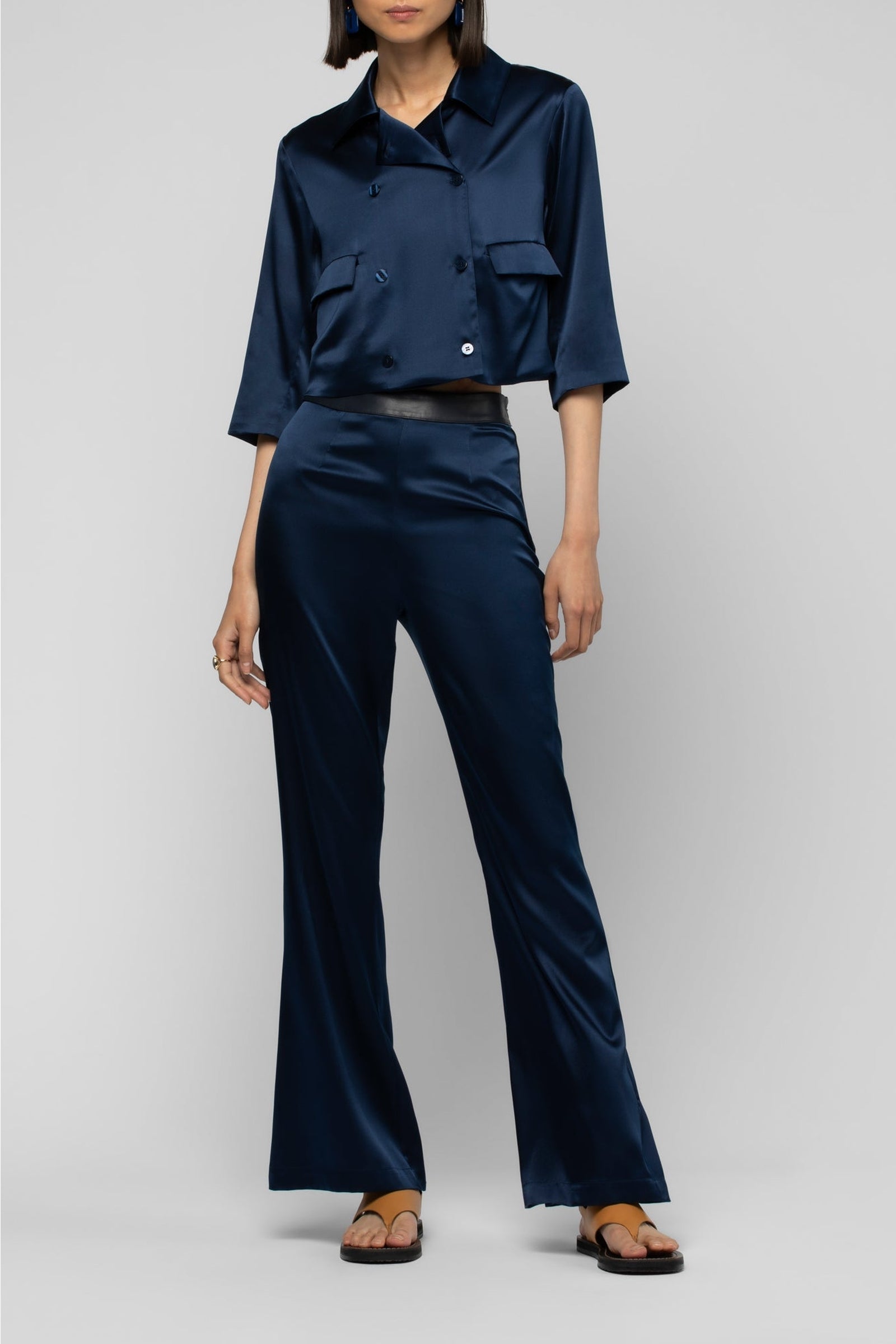 Pantalon Balicia en soie taille haute à détails en cuir - Marine