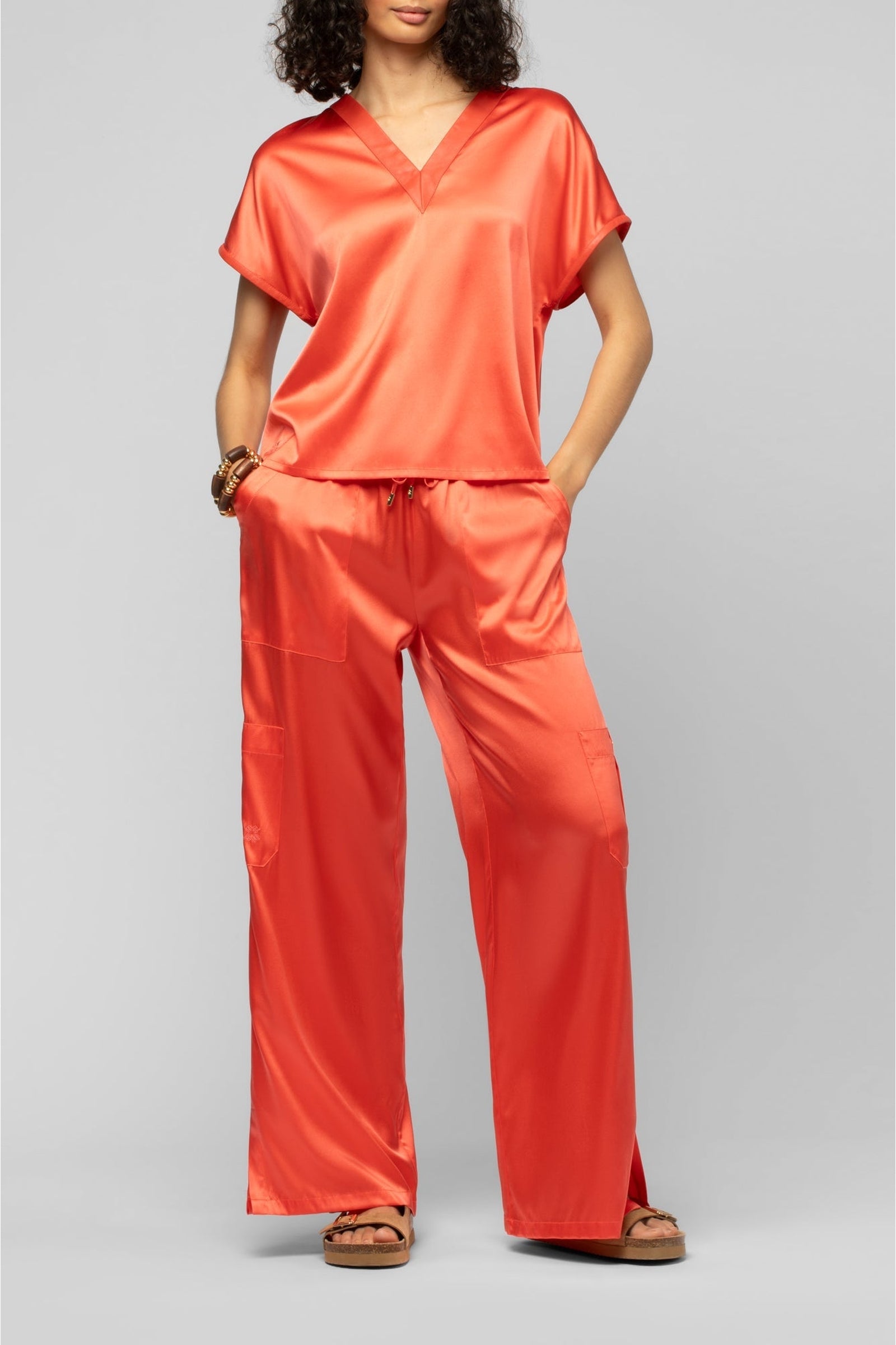 Pantalon Bazra cargo ample en soie - Corail
