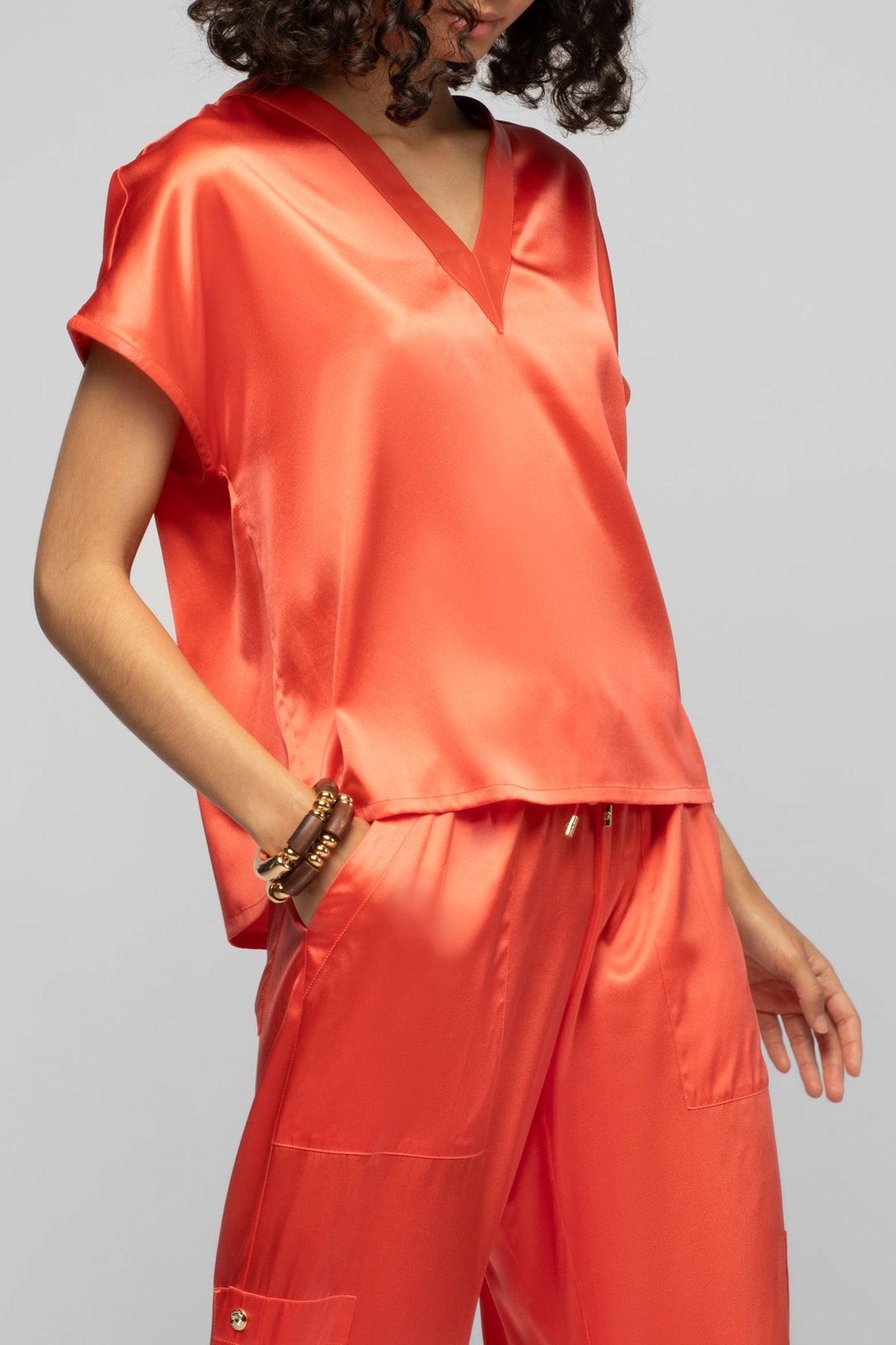 Pantalon Bazra cargo ample en soie - Corail