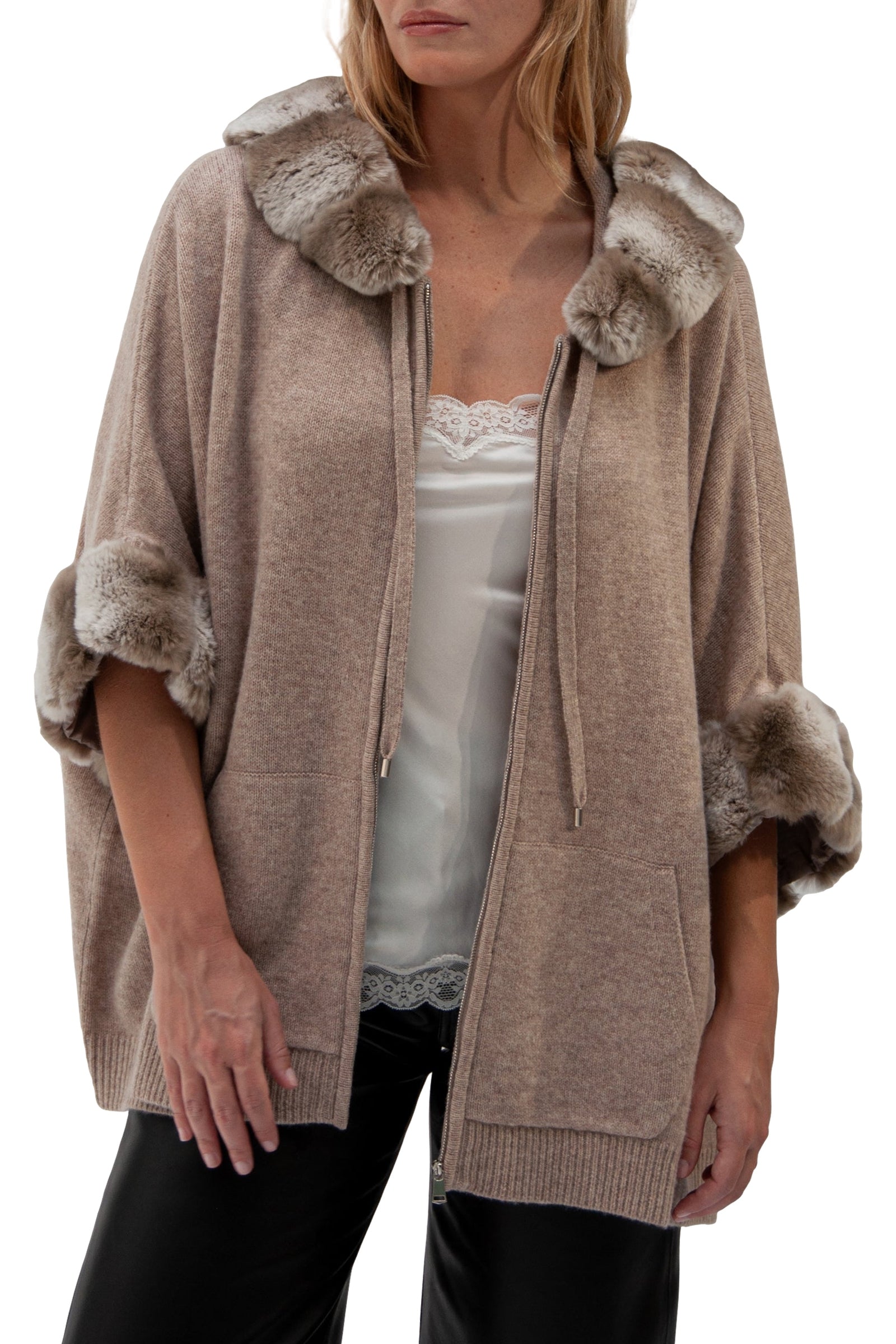 Gilet Gicar à capuche en cachemire et fourrure de lapin - Noisette