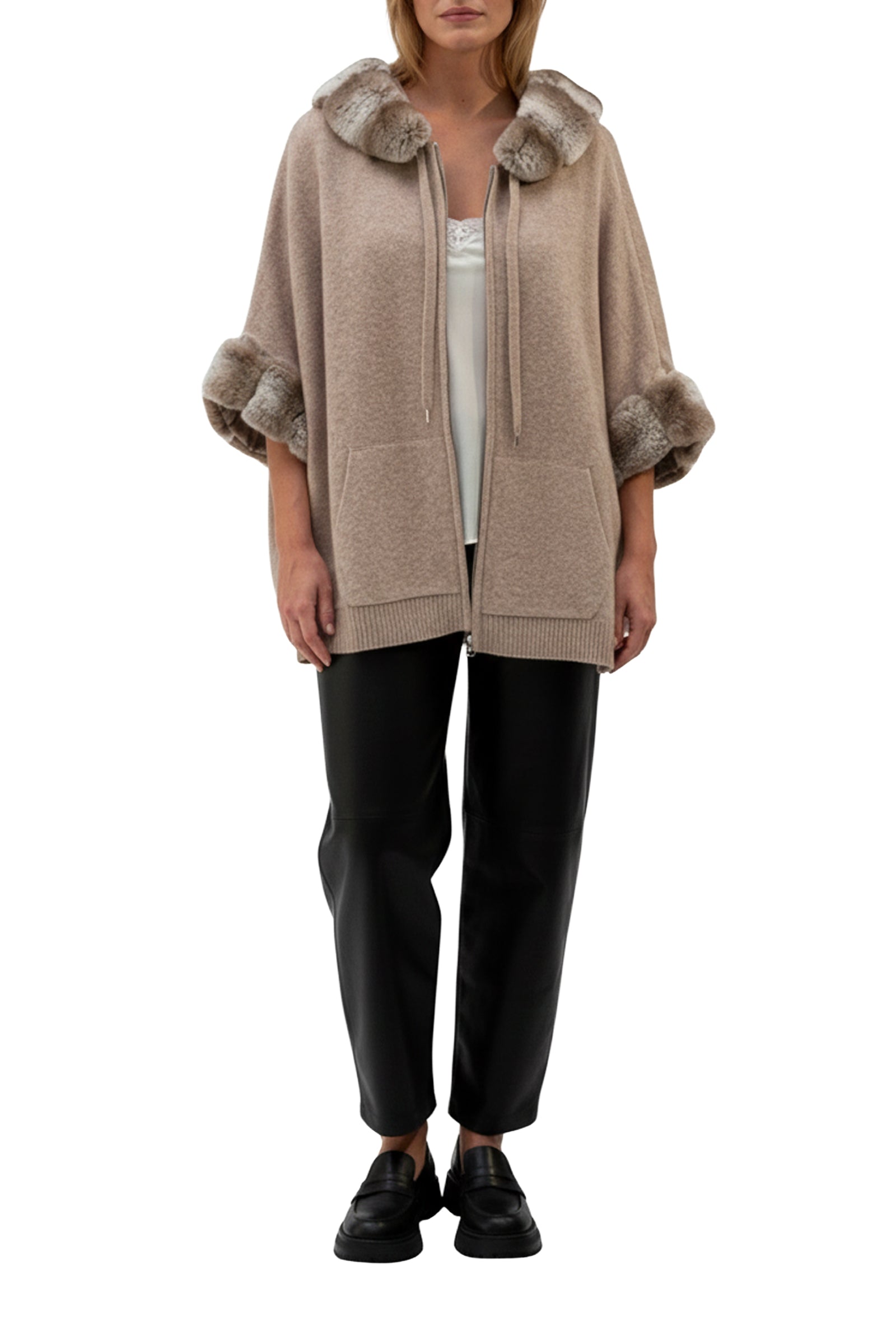 Gilet Gicar à capuche en cachemire et fourrure de lapin - Noisette