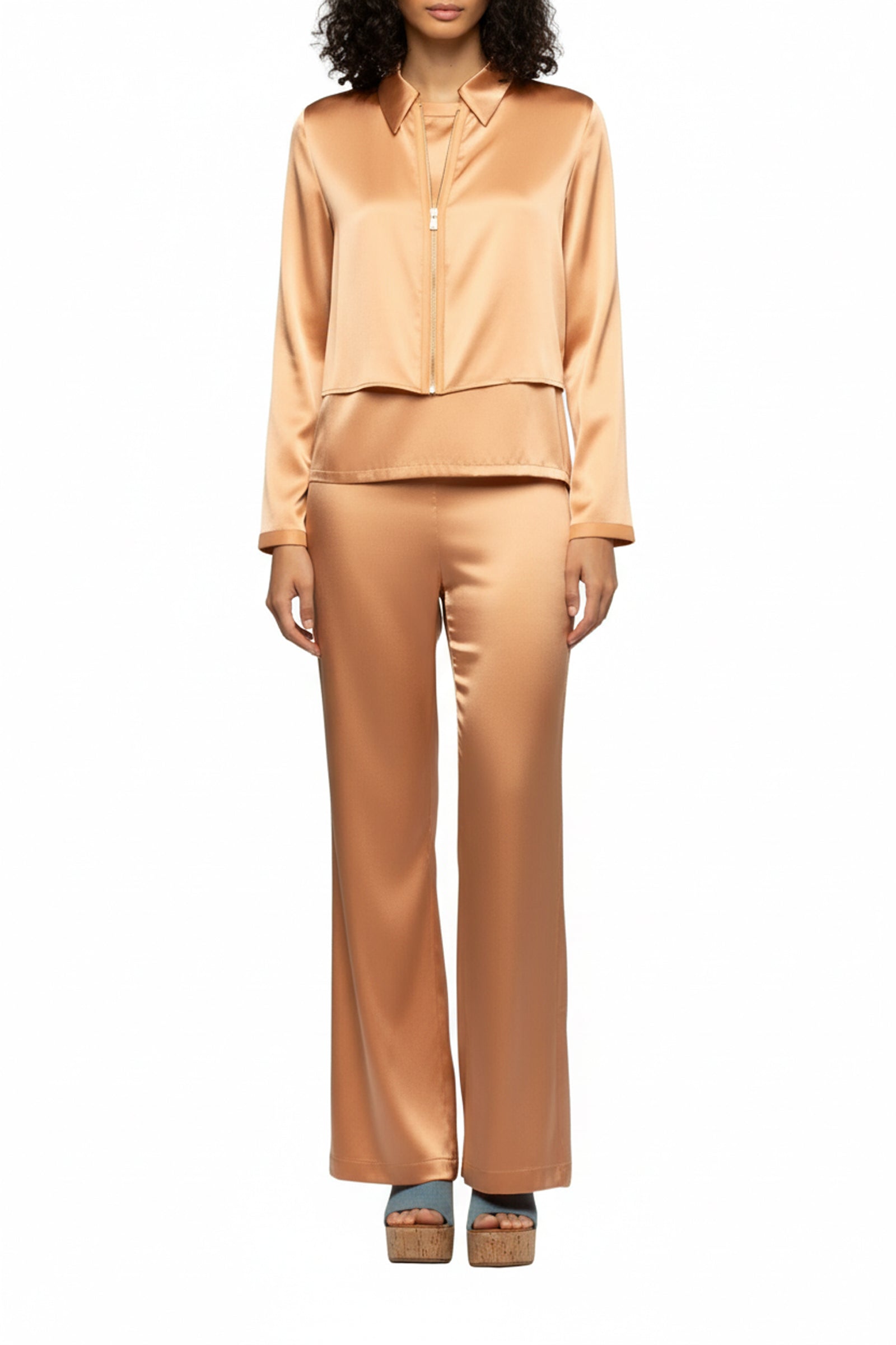 Gilet Ganouk zippé en soie à col chemise avec bandes - Camel