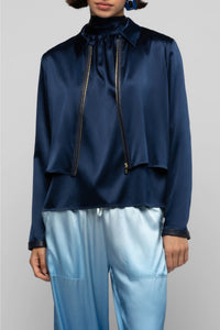 Ganouk zipped silk shirt collar jacket with stripes - Navy