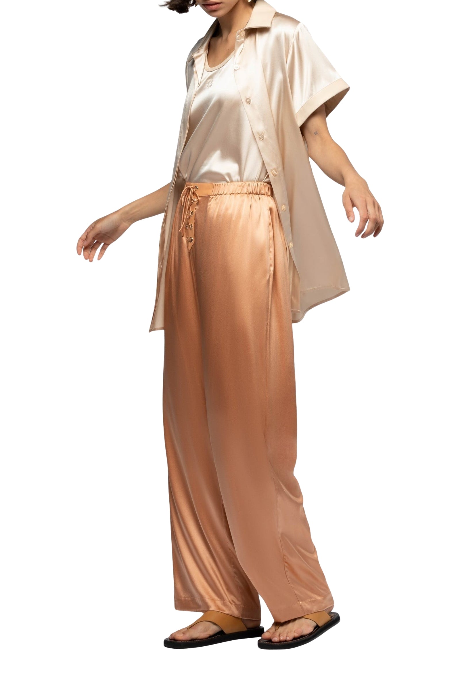 Langelika loose-fitting silk shirt with belt - Beige