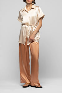 Langelika loose-fitting silk shirt with belt - Beige